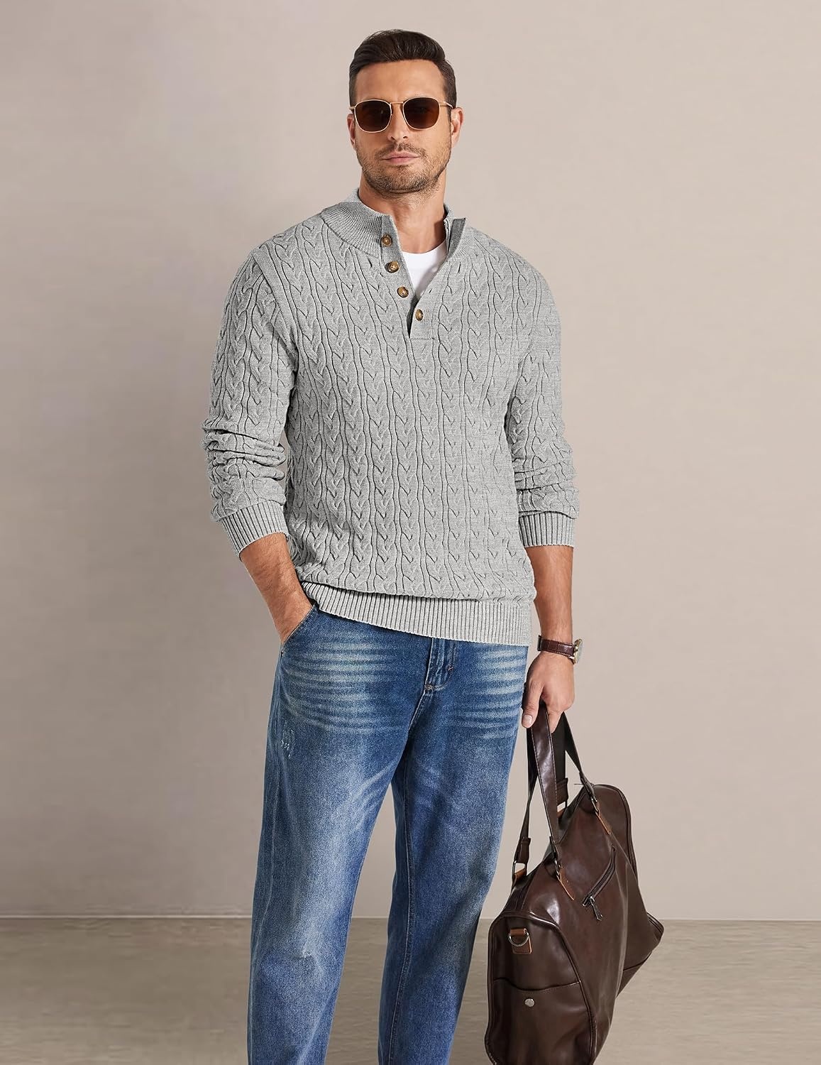image:imageCOOFANDY Mens Sweater Cable Knit V Neck Quarter Button Henley Long SleeveLight Gray