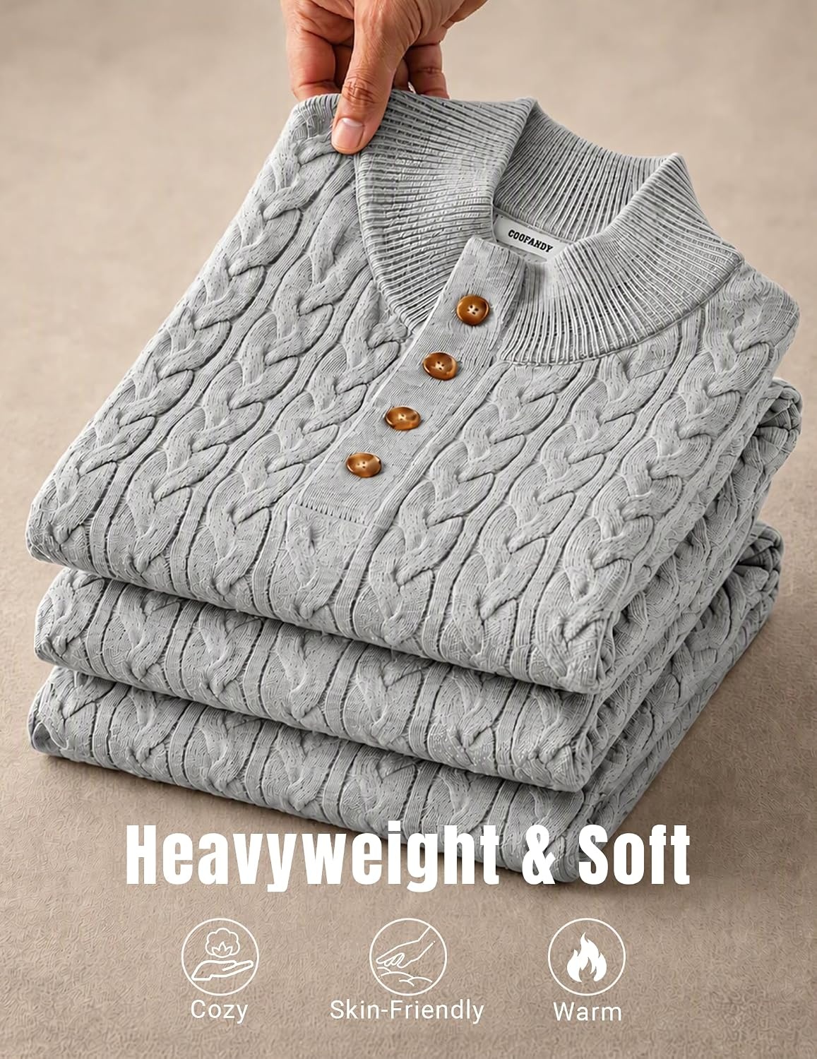 image:imageCOOFANDY Mens Sweater Cable Knit V Neck Quarter Button Henley Long SleeveLight Gray