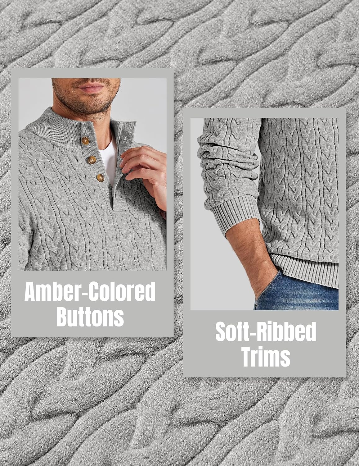 image:imageCOOFANDY Mens Sweater Cable Knit V Neck Quarter Button Henley Long SleeveLight Gray