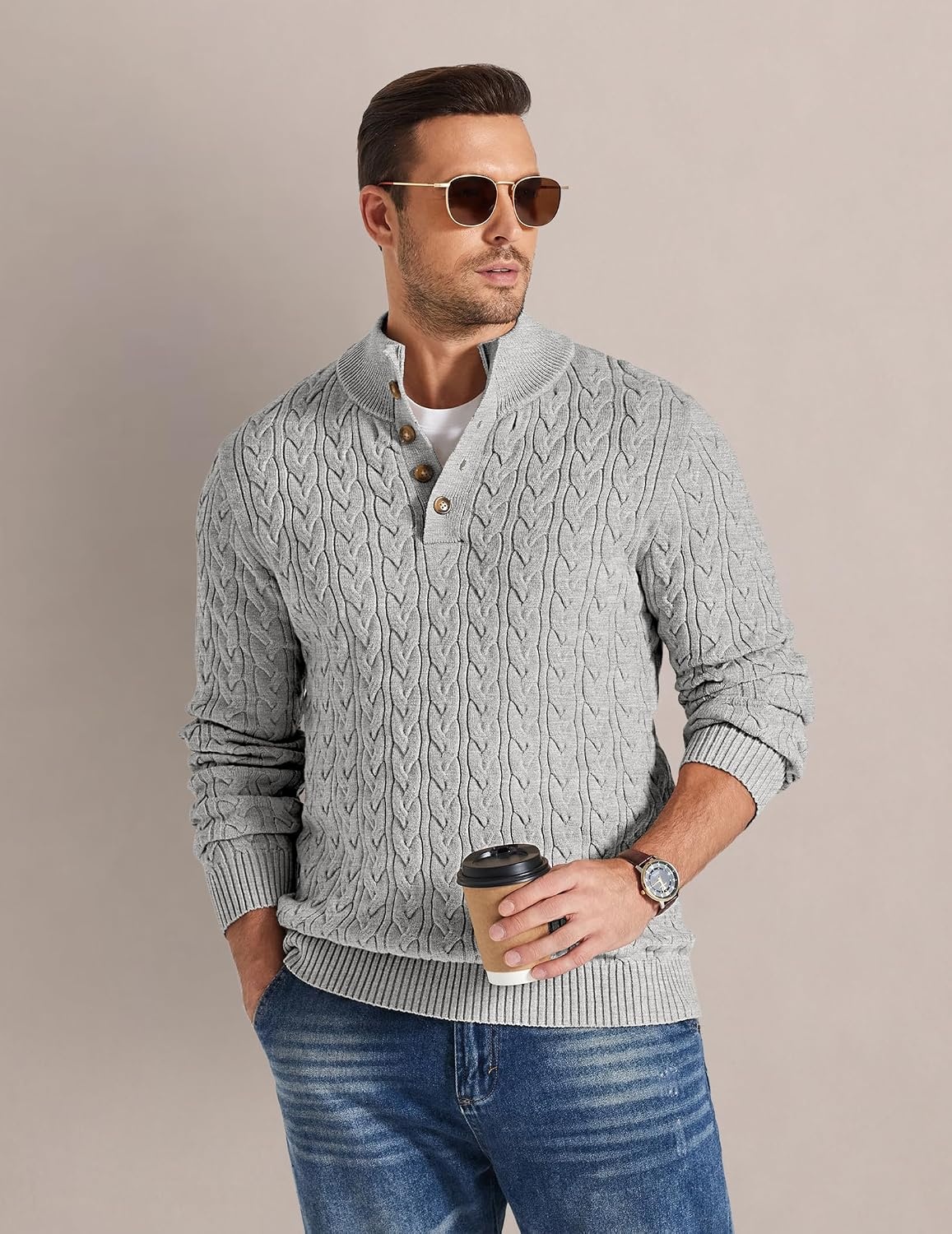 image:imageCOOFANDY Mens Sweater Cable Knit V Neck Quarter Button Henley Long SleeveLight Gray