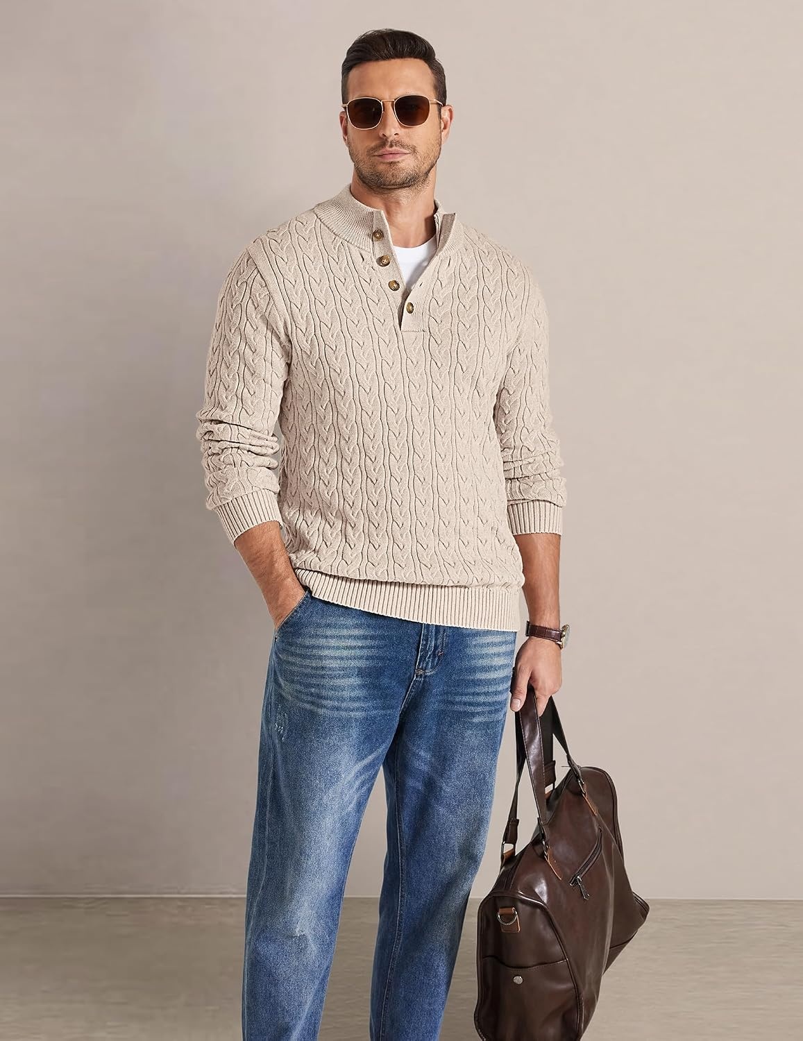 image:imageCOOFANDY Mens Sweater Cable Knit V Neck Quarter Button Henley Long SleeveLight Khaki