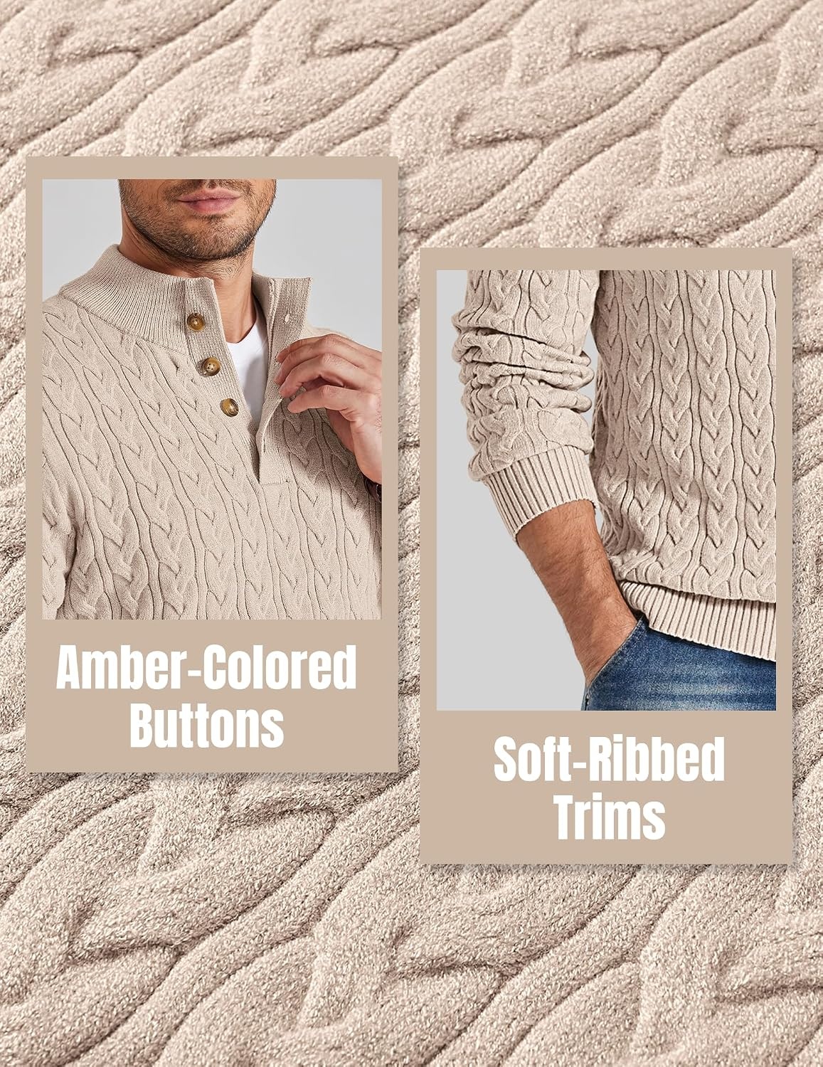 image:imageCOOFANDY Mens Sweater Cable Knit V Neck Quarter Button Henley Long SleeveLight Khaki