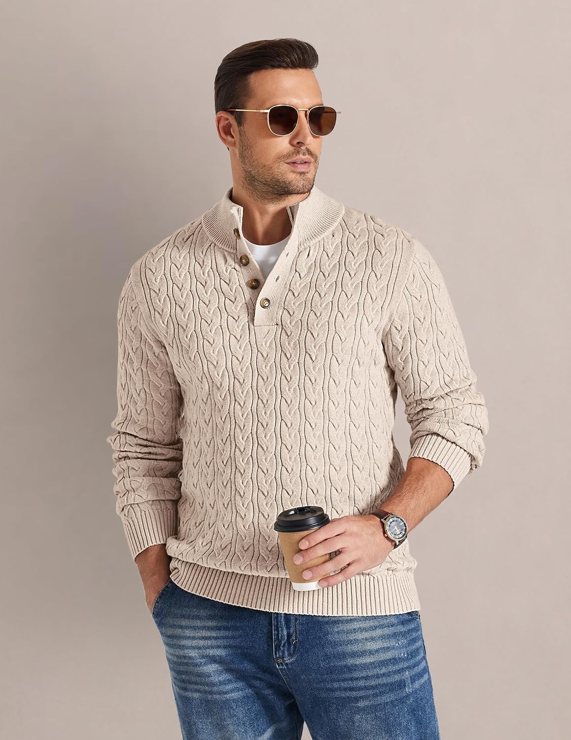 image:imageCOOFANDY Mens Sweater Cable Knit V Neck Quarter Button Henley Long SleeveLight Khaki