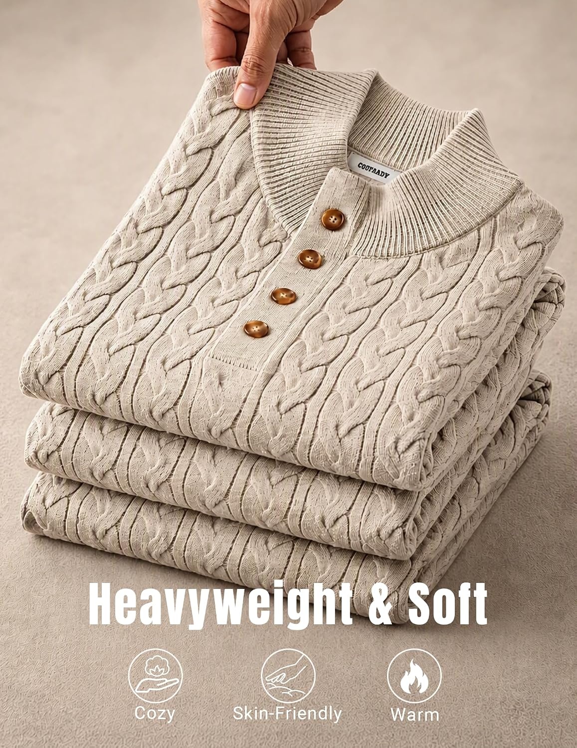image:imageCOOFANDY Mens Sweater Cable Knit V Neck Quarter Button Henley Long SleeveLight Khaki