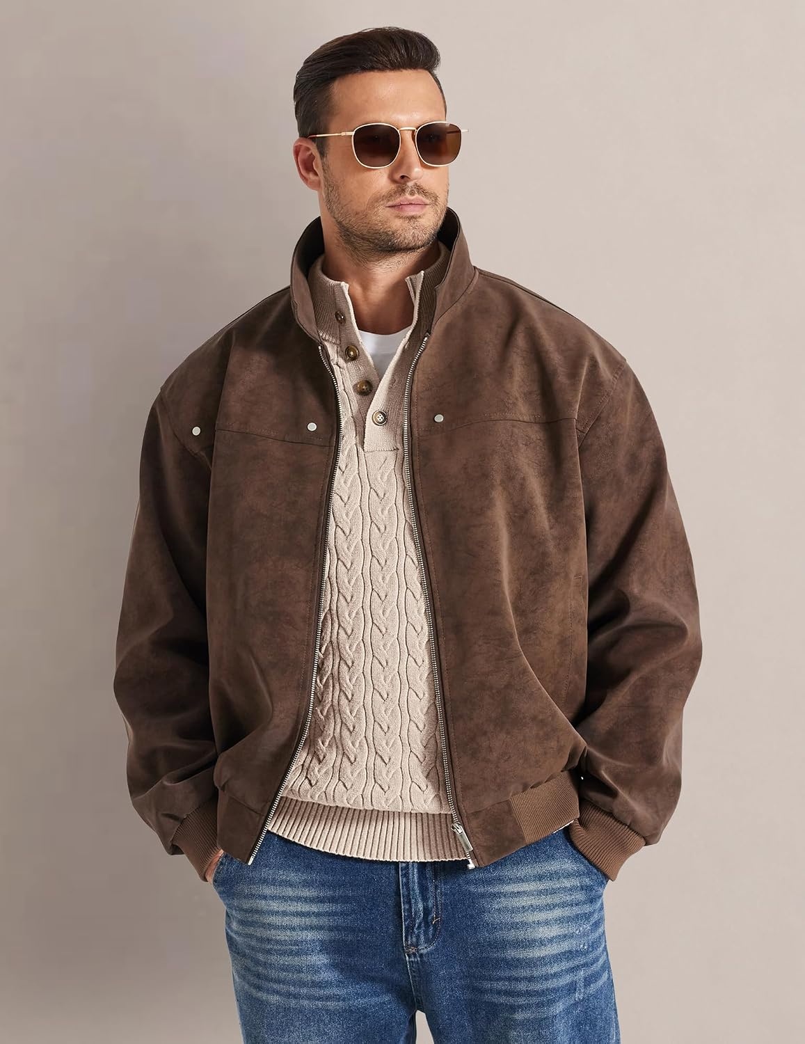 image:imageCOOFANDY Mens Sweater Cable Knit V Neck Quarter Button Henley Long SleeveLight Khaki