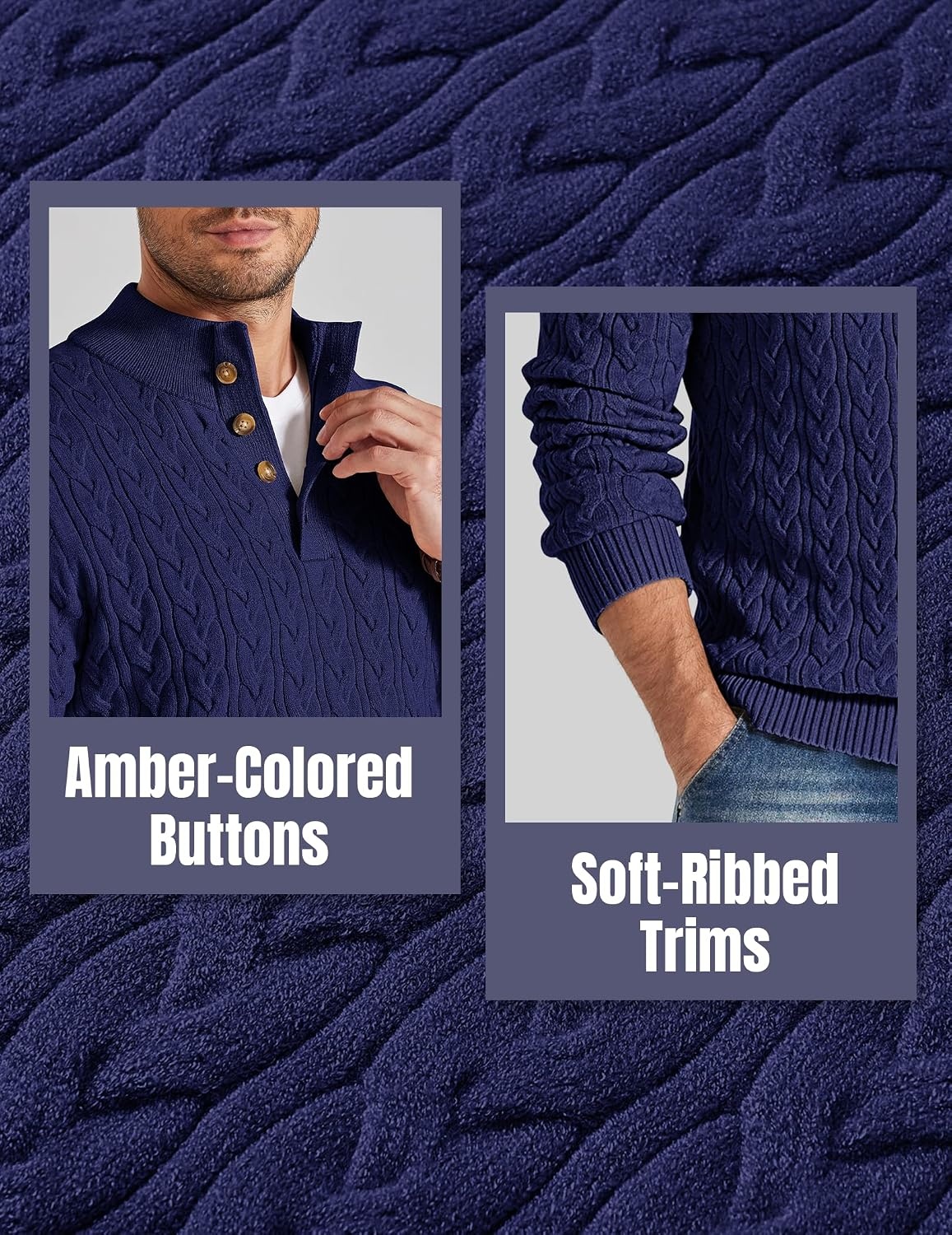 image:imageCOOFANDY Mens Sweater Cable Knit V Neck Quarter Button Henley Long SleeveNavy Blue