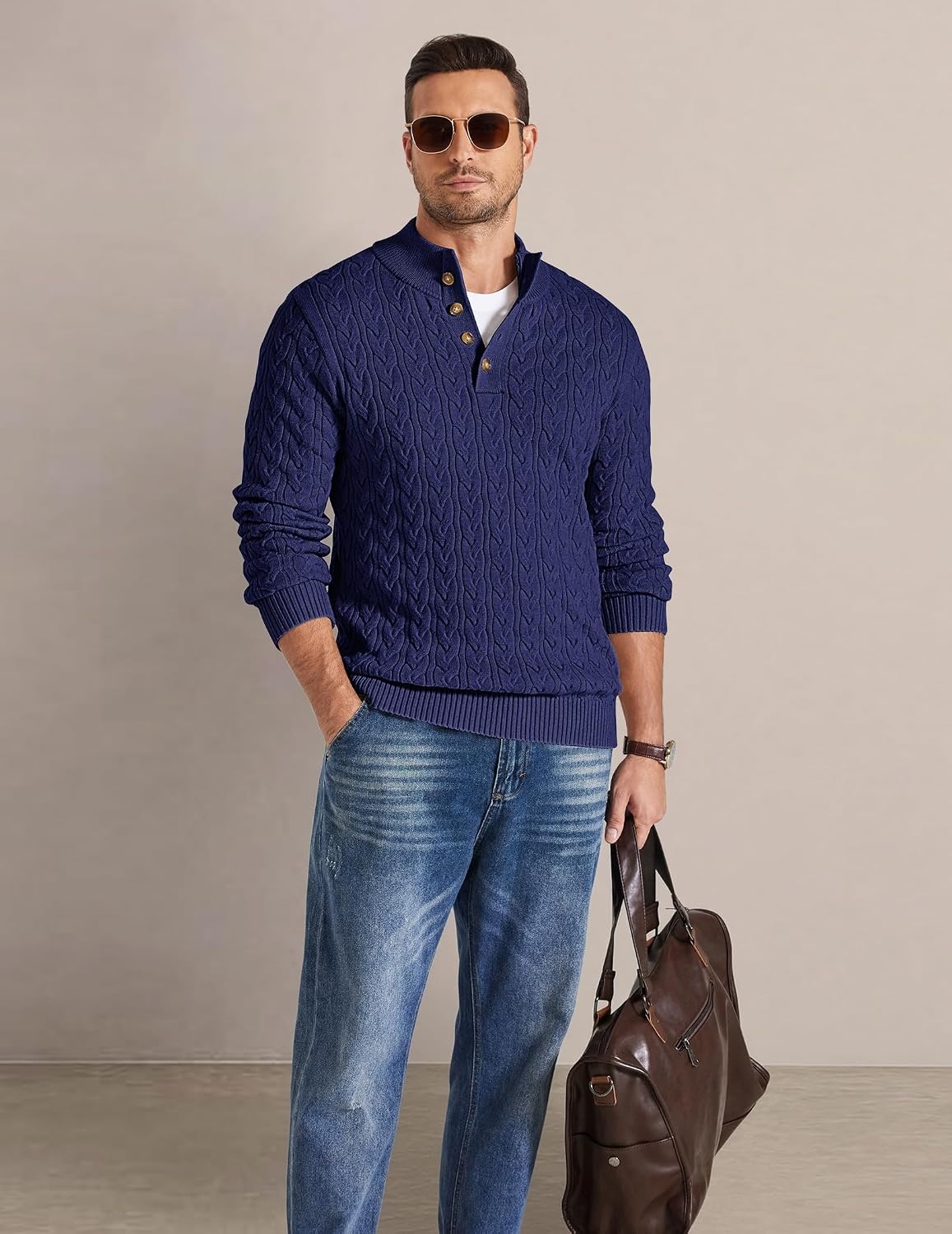 image:imageCOOFANDY Mens Sweater Cable Knit V Neck Quarter Button Henley Long SleeveNavy Blue
