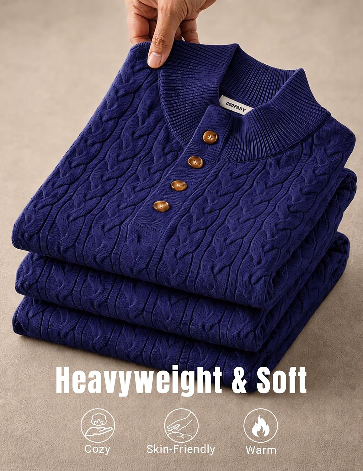 image:imageCOOFANDY Mens Sweater Cable Knit V Neck Quarter Button Henley Long SleeveNavy Blue