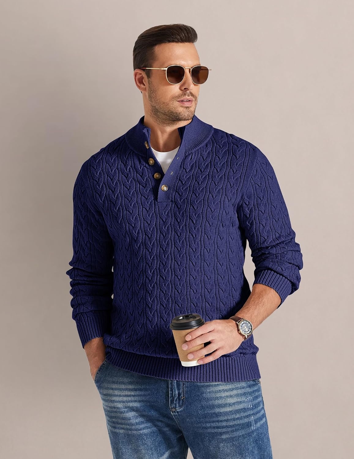 image:imageCOOFANDY Mens Sweater Cable Knit V Neck Quarter Button Henley Long SleeveNavy Blue