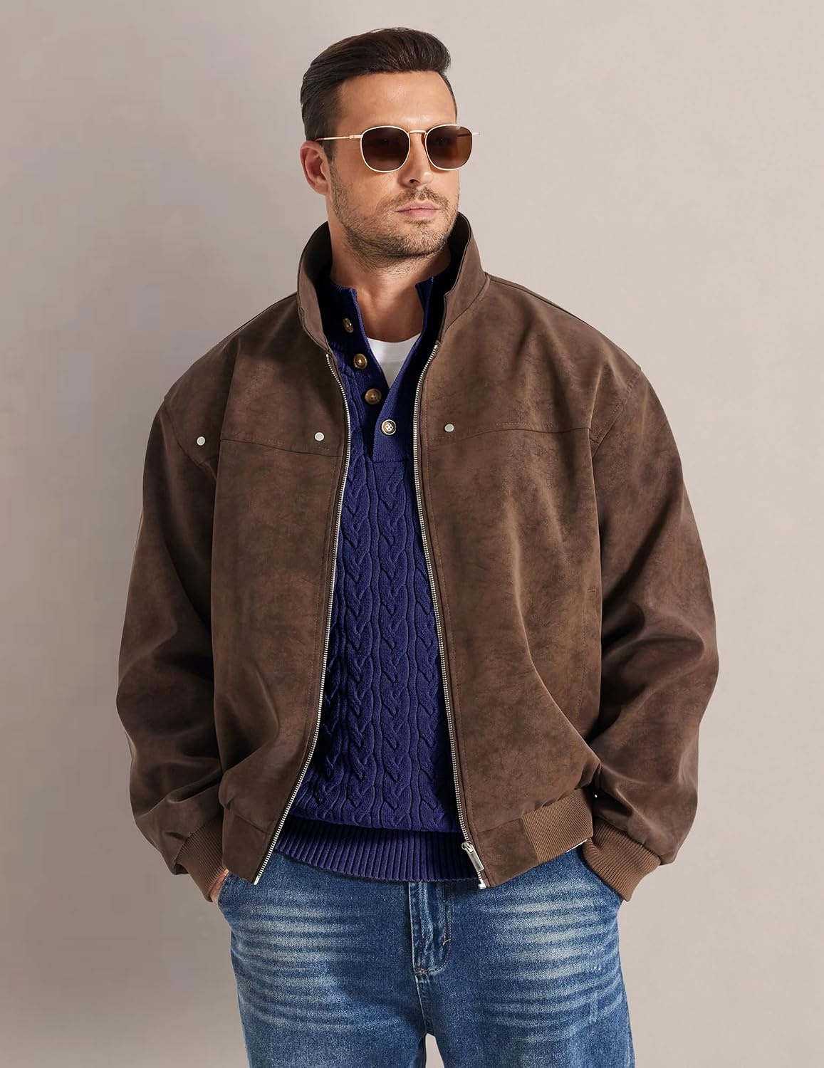 image:imageCOOFANDY Mens Sweater Cable Knit V Neck Quarter Button Henley Long SleeveNavy Blue
