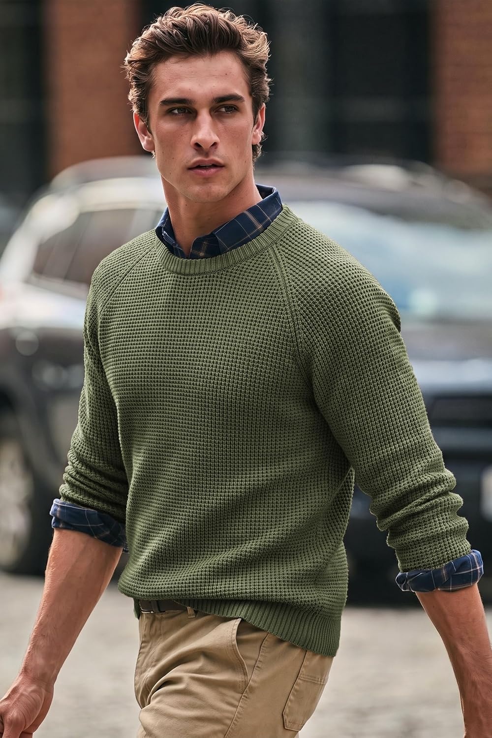 image:imageCOOFANDY Mens Sweater Crewneck Pullover Waffle Knit Long Sleeve SweatersArmy Green