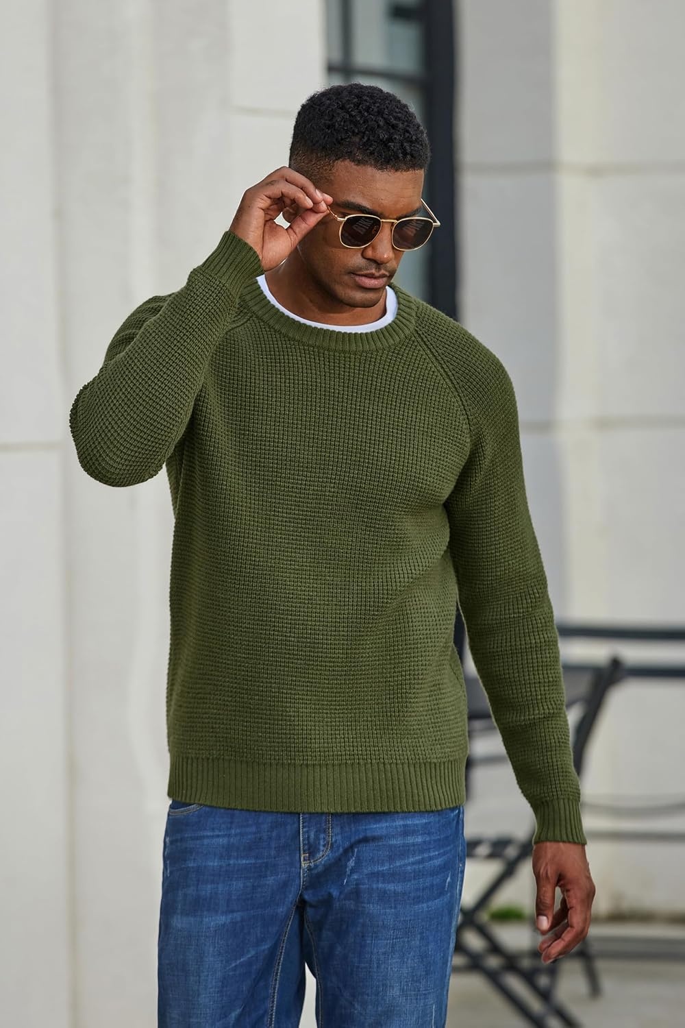 image:imageCOOFANDY Mens Sweater Crewneck Pullover Waffle Knit Long Sleeve SweatersArmy Green