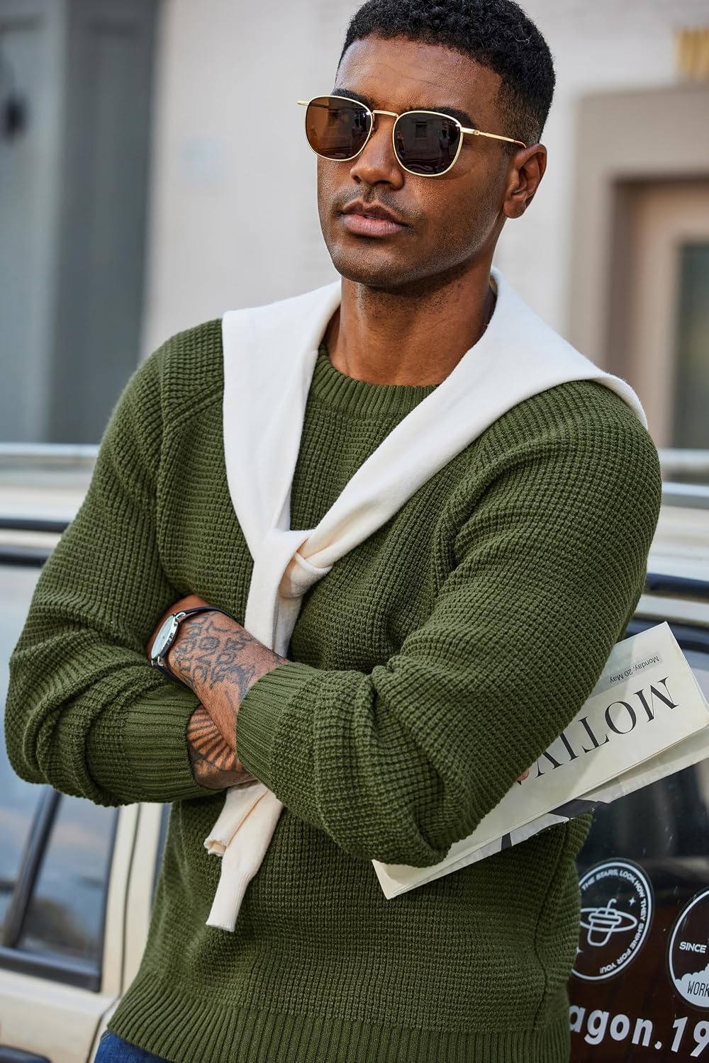 image:imageCOOFANDY Mens Sweater Crewneck Pullover Waffle Knit Long Sleeve SweatersArmy Green