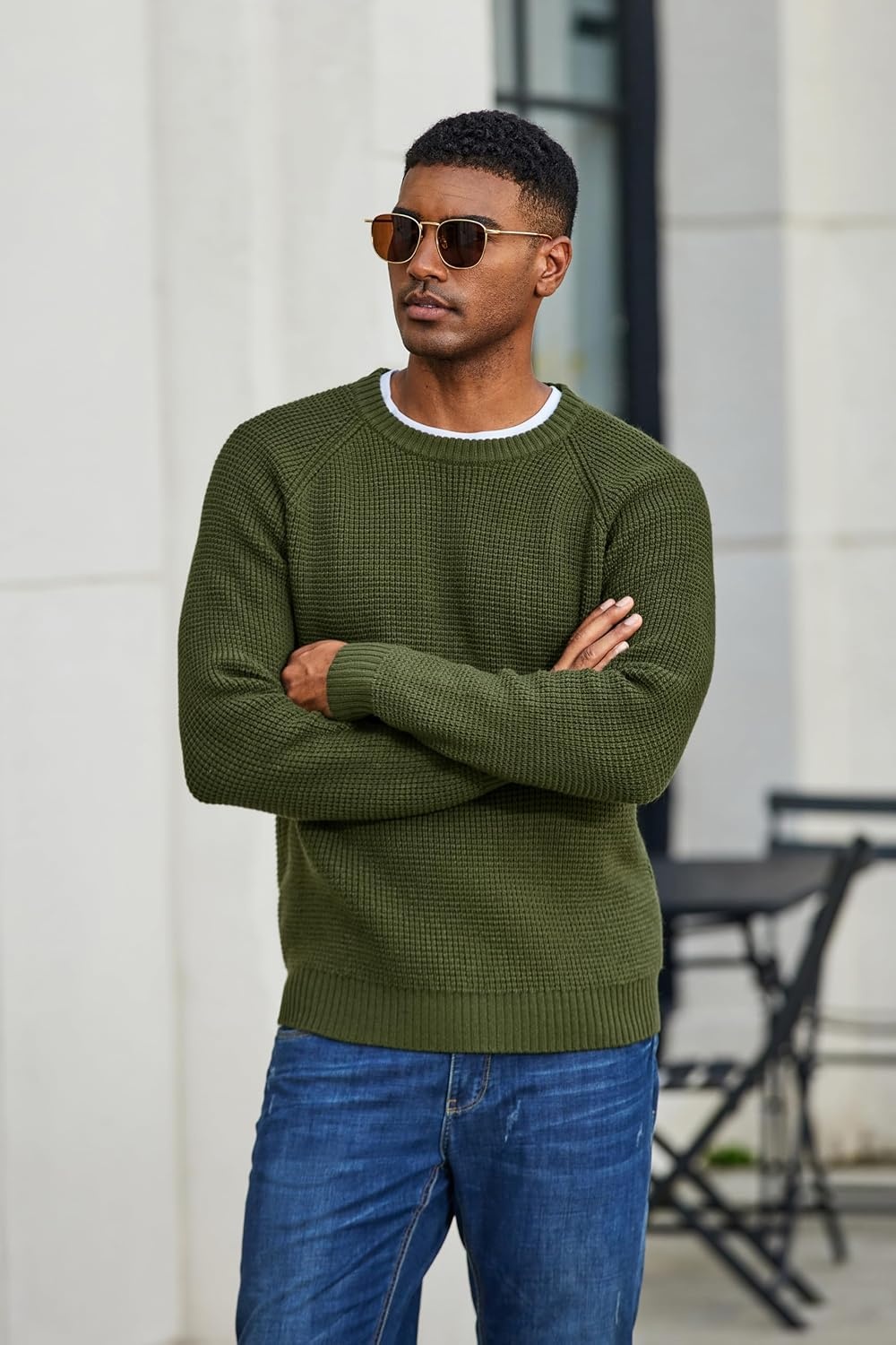 image:imageCOOFANDY Mens Sweater Crewneck Pullover Waffle Knit Long Sleeve SweatersArmy Green