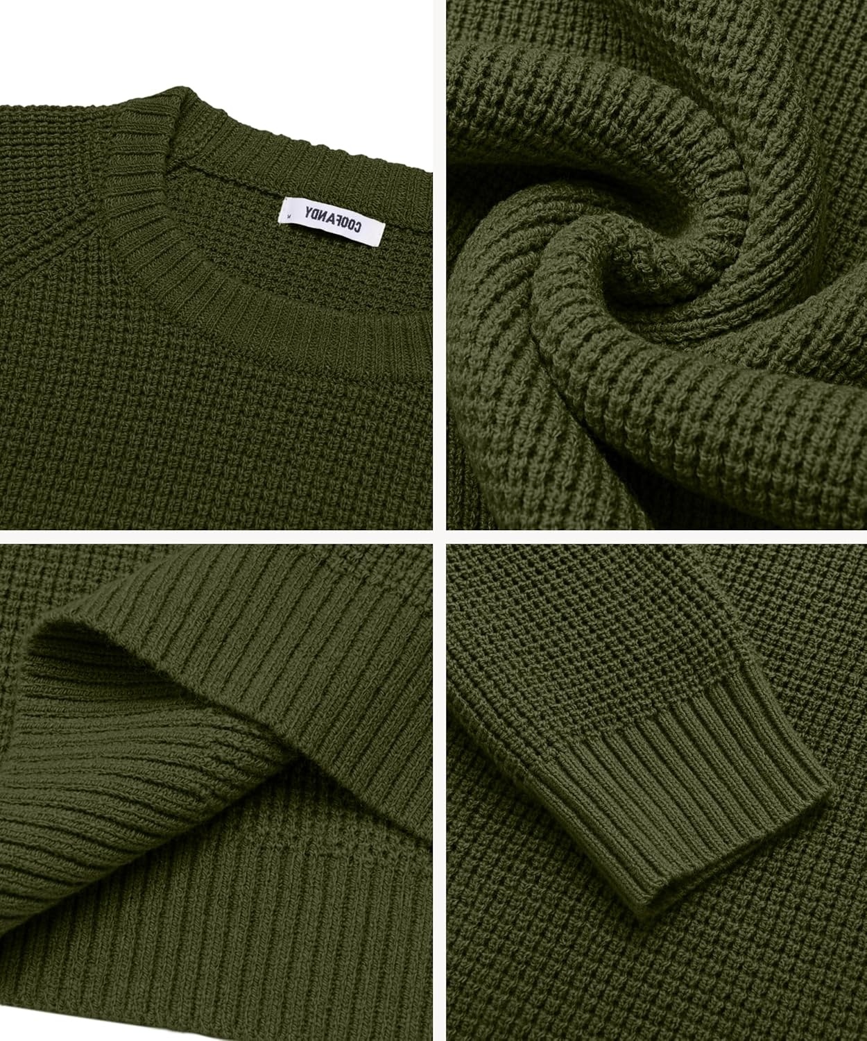image:imageCOOFANDY Mens Sweater Crewneck Pullover Waffle Knit Long Sleeve SweatersArmy Green