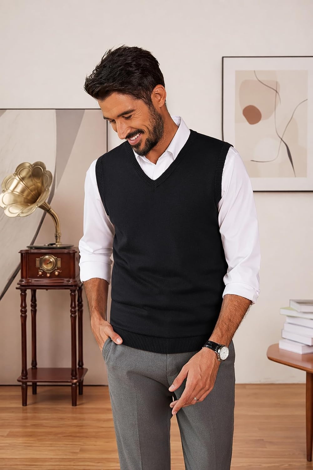 image:imageCOOFANDY Mens Sweater Vest Wool Blended Casual Sleeveless Knit PulloverAblack