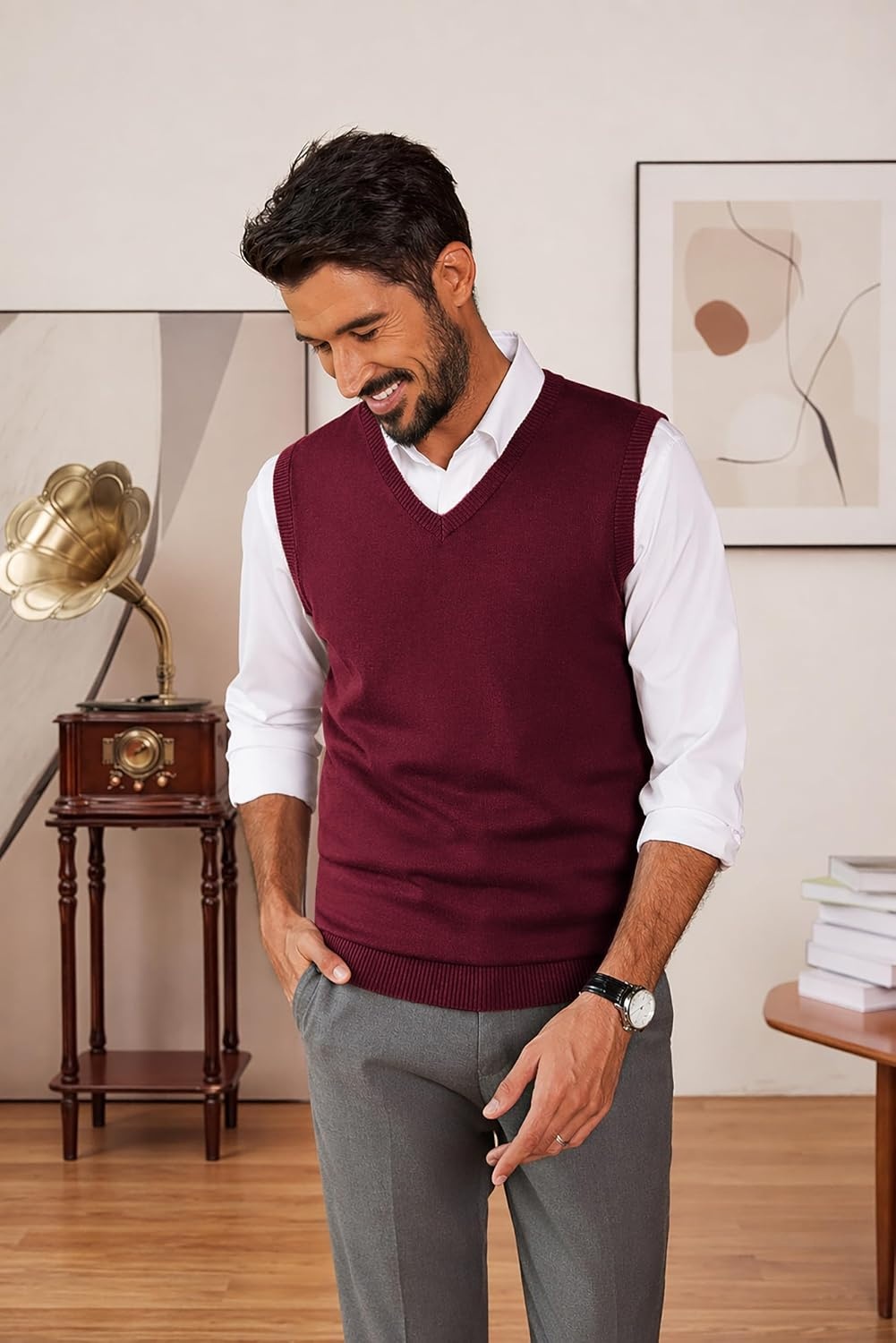 image:imageCOOFANDY Mens Sweater Vest Wool Blended Casual Sleeveless Knit PulloverBurgundy