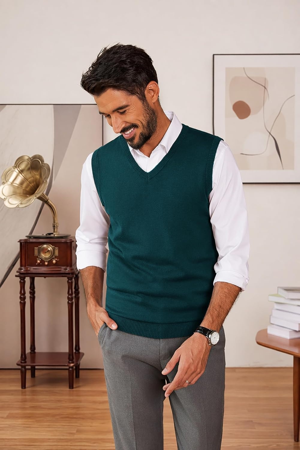 image:imageCOOFANDY Mens Sweater Vest Wool Blended Casual Sleeveless Knit PulloverDark Green