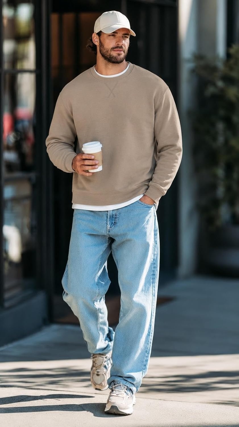 image:imageCOOFANDY Mens Sweatshirt Crew Neck Lightweight Fleece Pullover TShirtKhaki