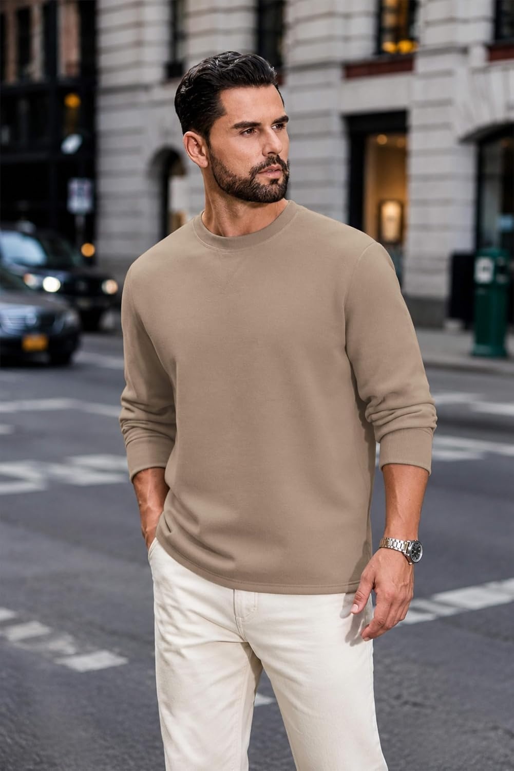 image:imageCOOFANDY Mens Sweatshirt Crew Neck Lightweight Fleece Pullover TShirtKhaki