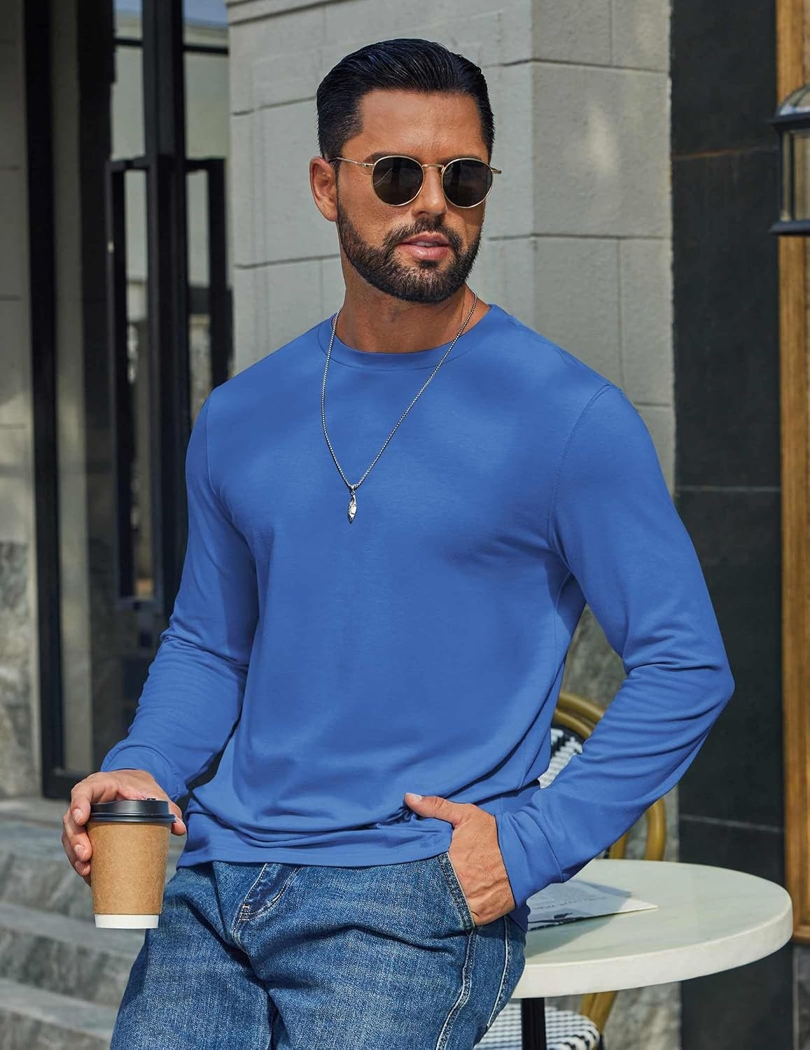 image:imageCOOFANDY Mens T Shirts Long Sleeve Cotton Blend TShirts Crew Neck Soft Casual Basic Tee ShirtsBlue