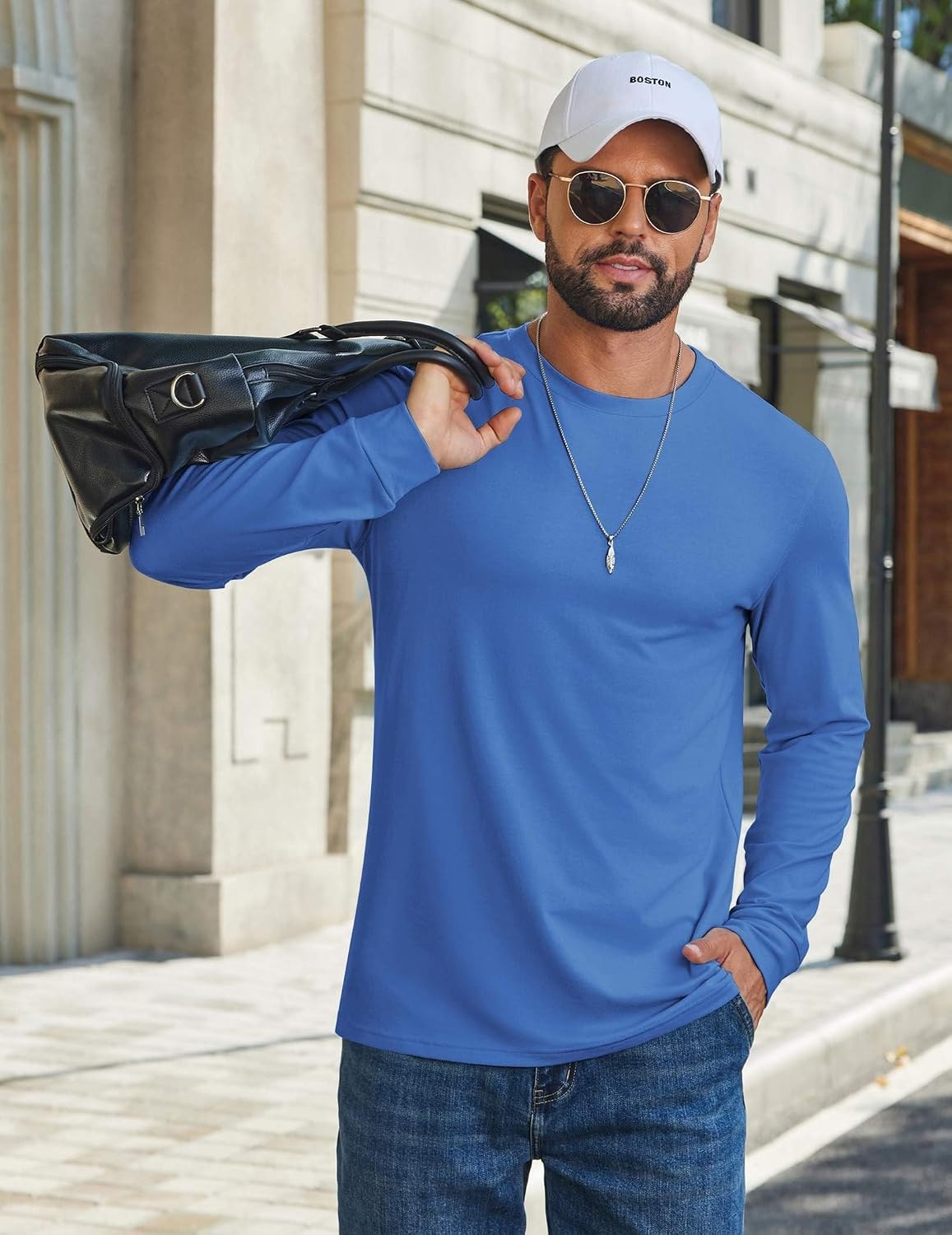 image:imageCOOFANDY Mens T Shirts Long Sleeve Cotton Blend TShirts Crew Neck Soft Casual Basic Tee ShirtsBlue