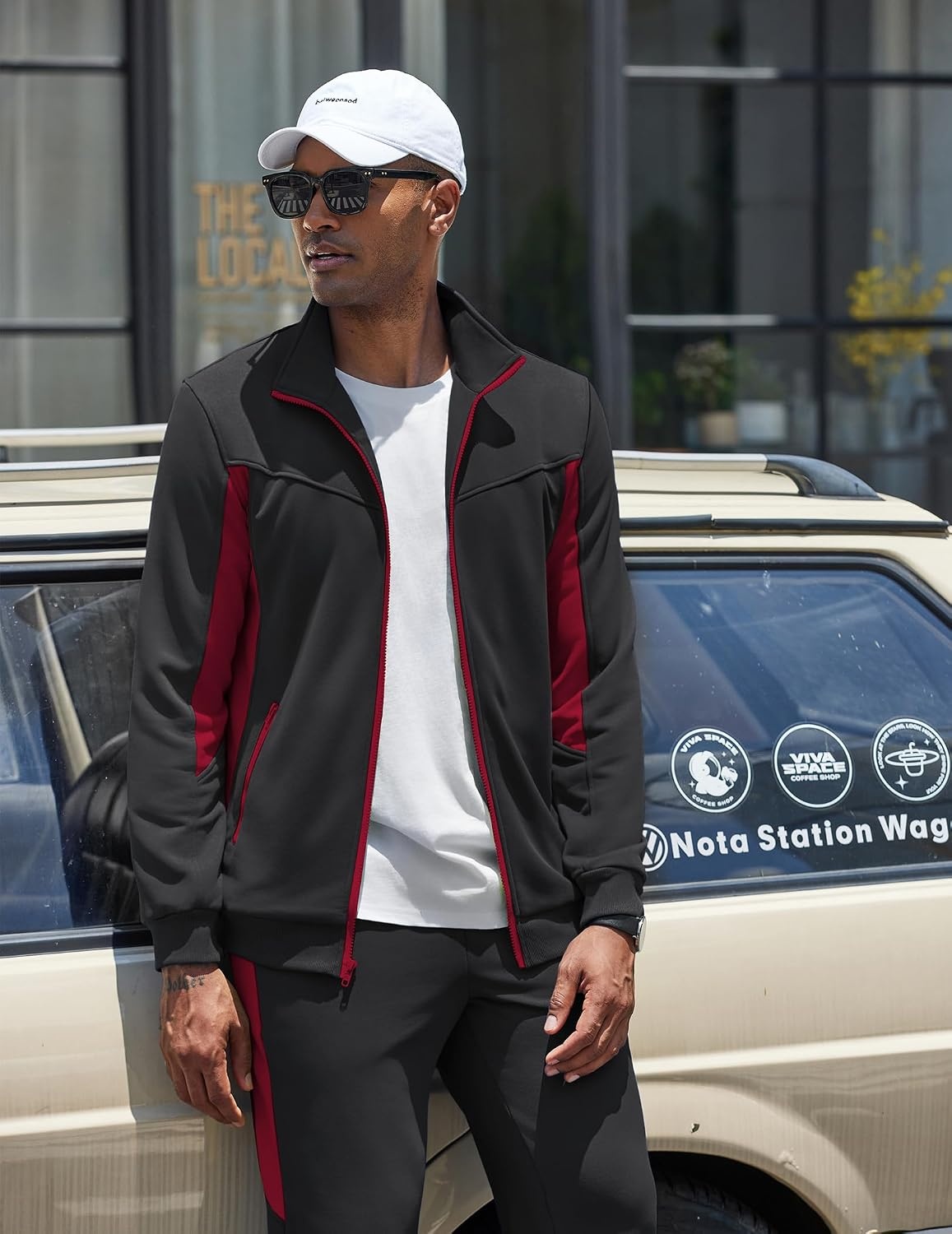 image:imageCOOFANDY Mens Tracksuits 2 Piece Jogging Athletic Sweatsuits Full Zip SetBlackwine Red
