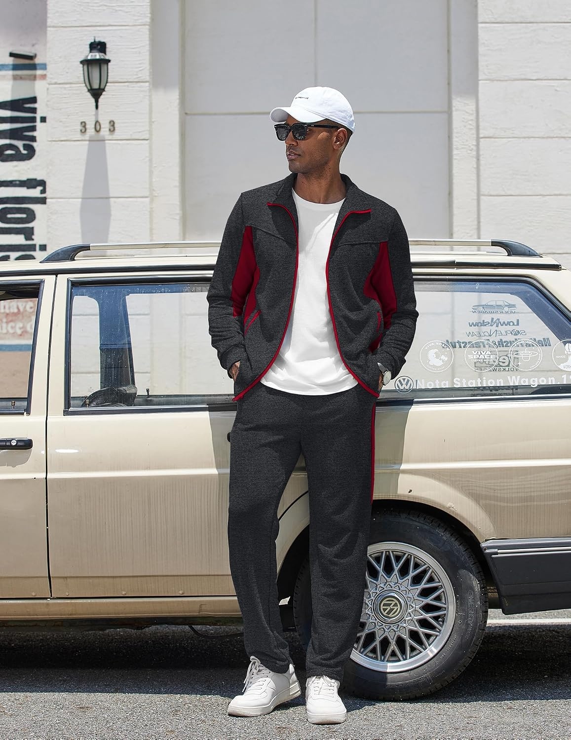 image:imageCOOFANDY Mens Tracksuits 2 Piece Jogging Athletic Sweatsuits Full Zip SetDark Greywine Red