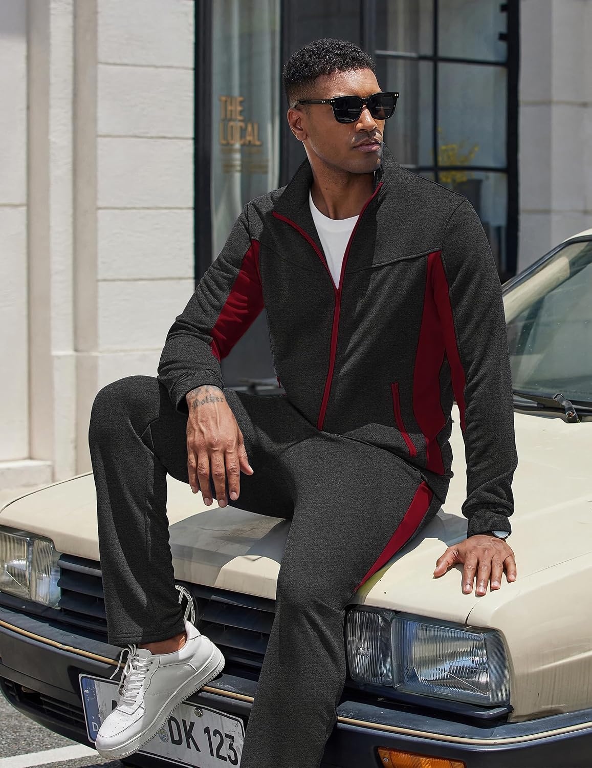 image:imageCOOFANDY Mens Tracksuits 2 Piece Jogging Athletic Sweatsuits Full Zip SetDark Greywine Red