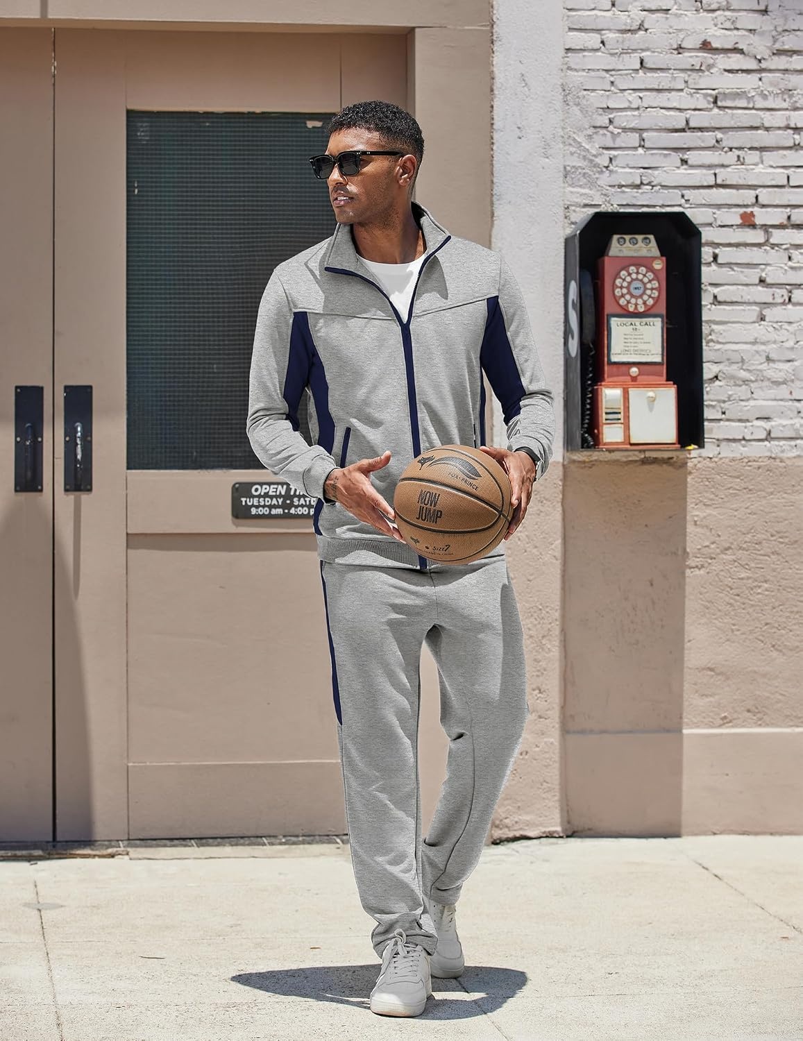 image:imageCOOFANDY Mens Tracksuits 2 Piece Jogging Athletic Sweatsuits Full Zip SetLight Greynavy Blue