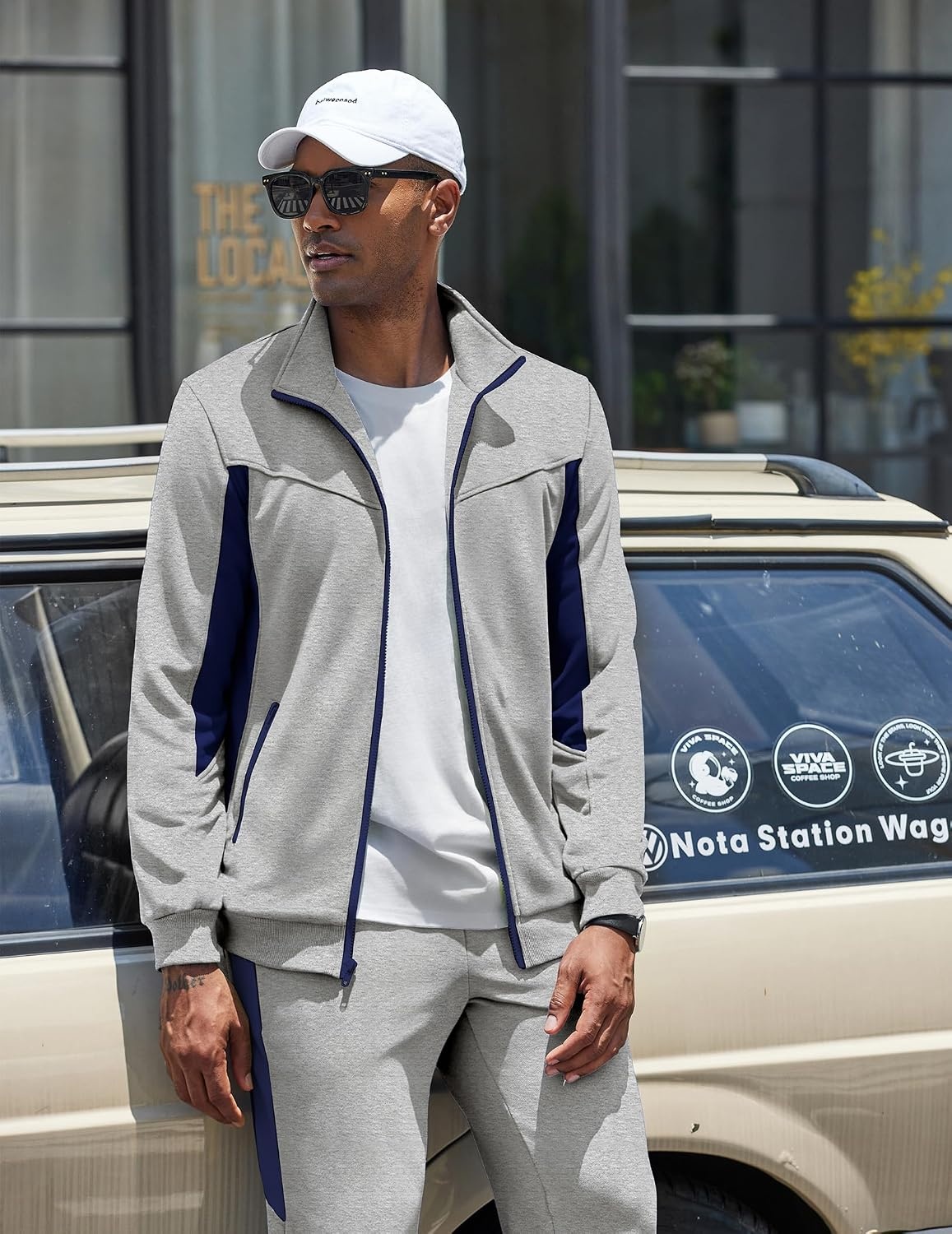 image:imageCOOFANDY Mens Tracksuits 2 Piece Jogging Athletic Sweatsuits Full Zip SetLight Greynavy Blue