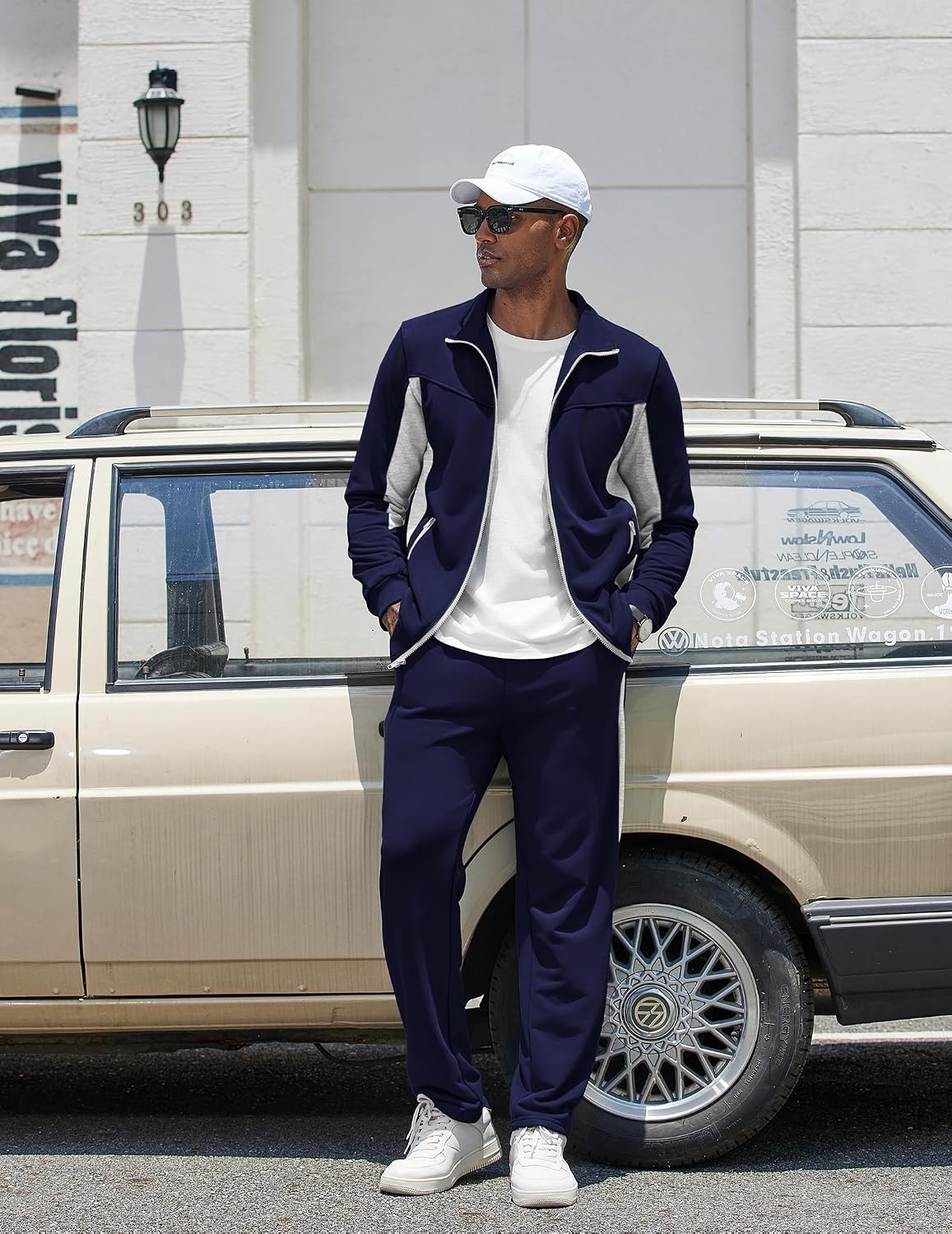image:imageCOOFANDY Mens Tracksuits 2 Piece Jogging Athletic Sweatsuits Full Zip SetNavy Bluelight Grey