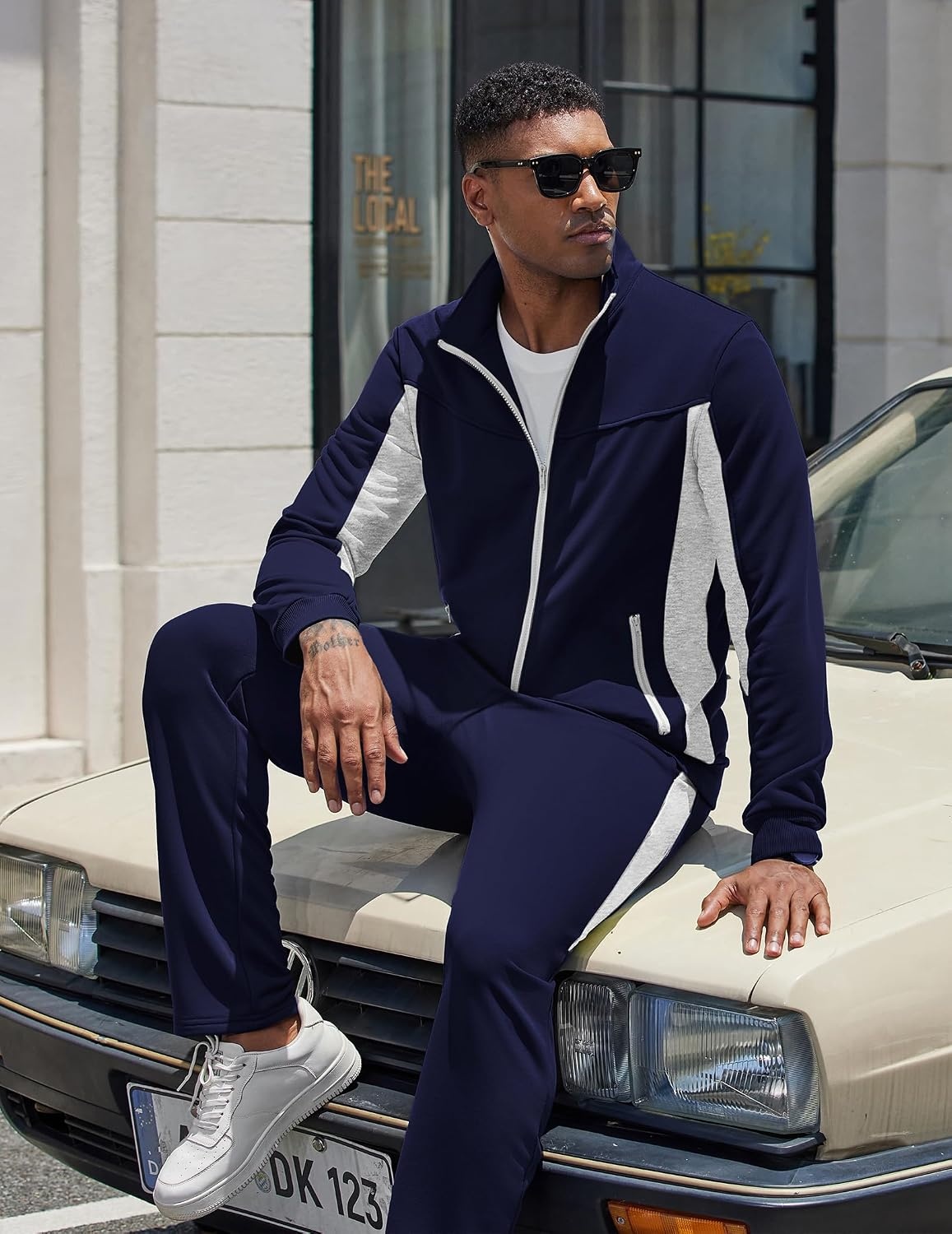 image:imageCOOFANDY Mens Tracksuits 2 Piece Jogging Athletic Sweatsuits Full Zip SetNavy Bluelight Grey