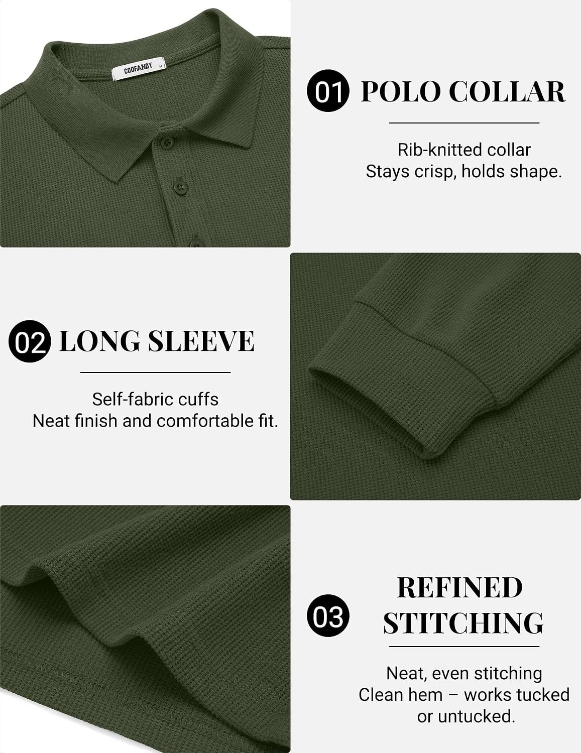 image:imageCOOFANDY Mens Waffle Knit Polo Shirts Casual Long Sleeve Polo ShirtArmy Green