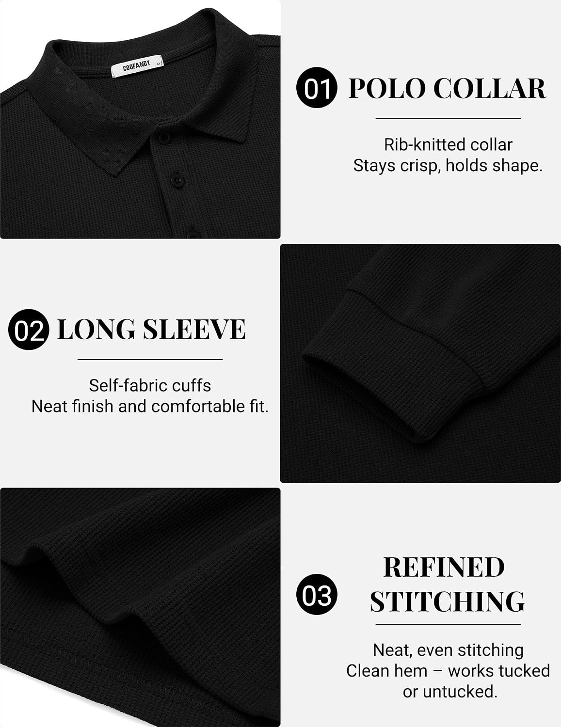 image:imageCOOFANDY Mens Waffle Knit Polo Shirts Casual Long Sleeve Polo ShirtBlack