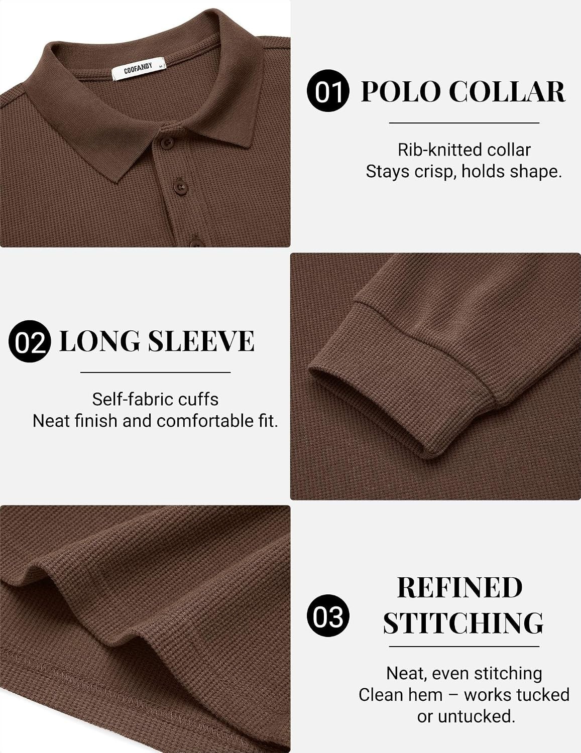 image:imageCOOFANDY Mens Waffle Knit Polo Shirts Casual Long Sleeve Polo ShirtBrown