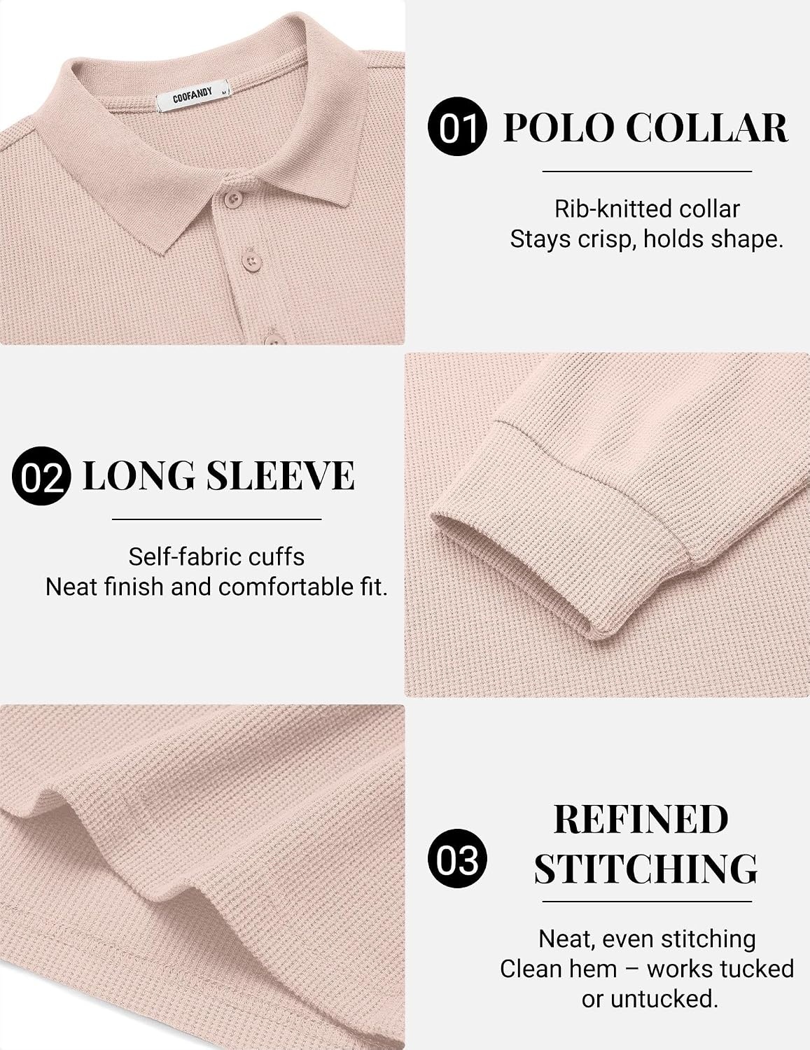 image:imageCOOFANDY Mens Waffle Knit Polo Shirts Casual Long Sleeve Polo ShirtChampagne