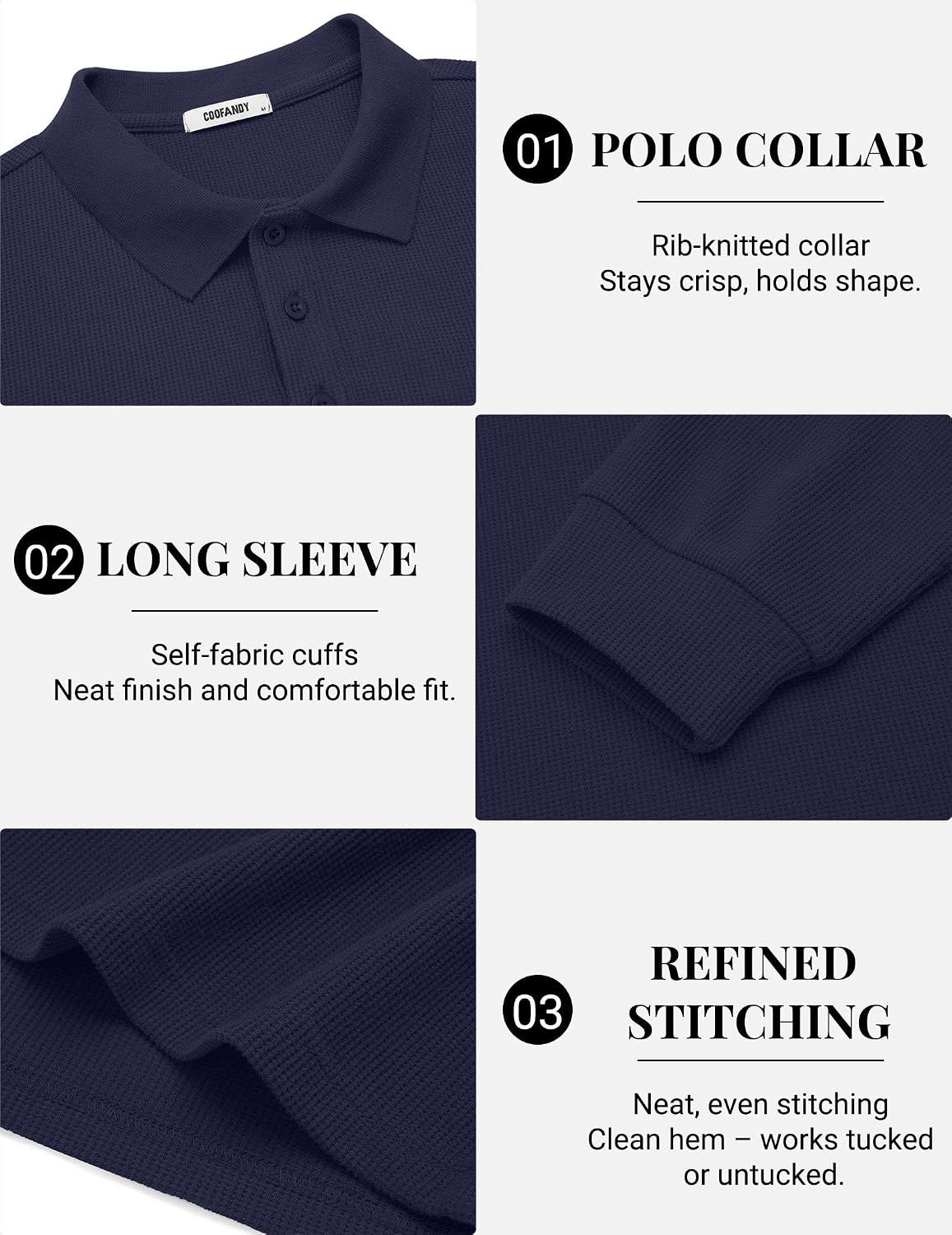 image:imageCOOFANDY Mens Waffle Knit Polo Shirts Casual Long Sleeve Polo ShirtDark Blue