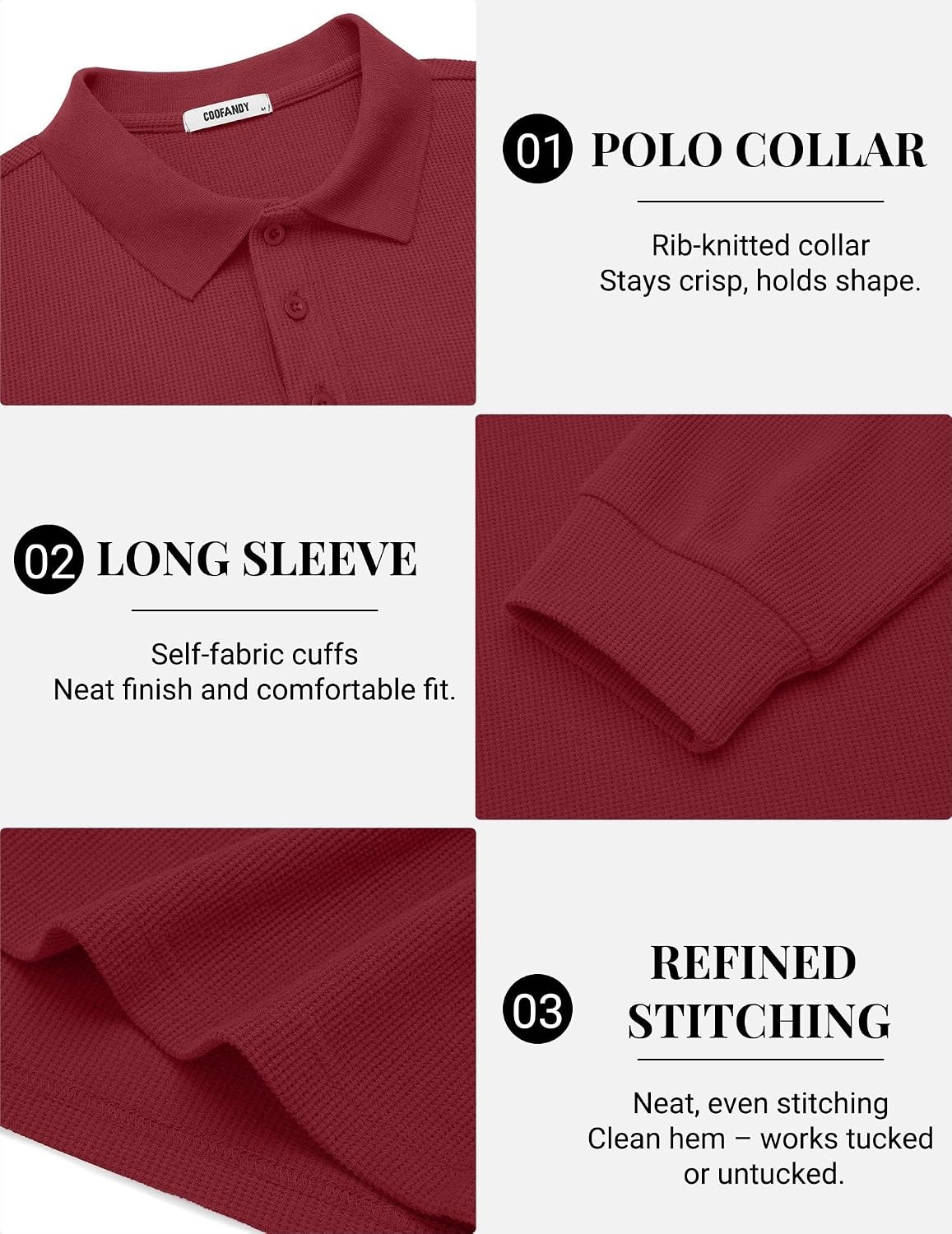 image:imageCOOFANDY Mens Waffle Knit Polo Shirts Casual Long Sleeve Polo ShirtDark Red