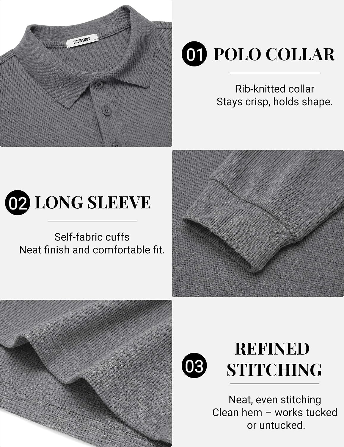 image:imageCOOFANDY Mens Waffle Knit Polo Shirts Casual Long Sleeve Polo ShirtGrey