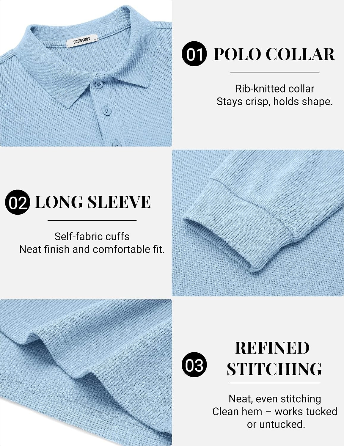 image:imageCOOFANDY Mens Waffle Knit Polo Shirts Casual Long Sleeve Polo ShirtLight Blue