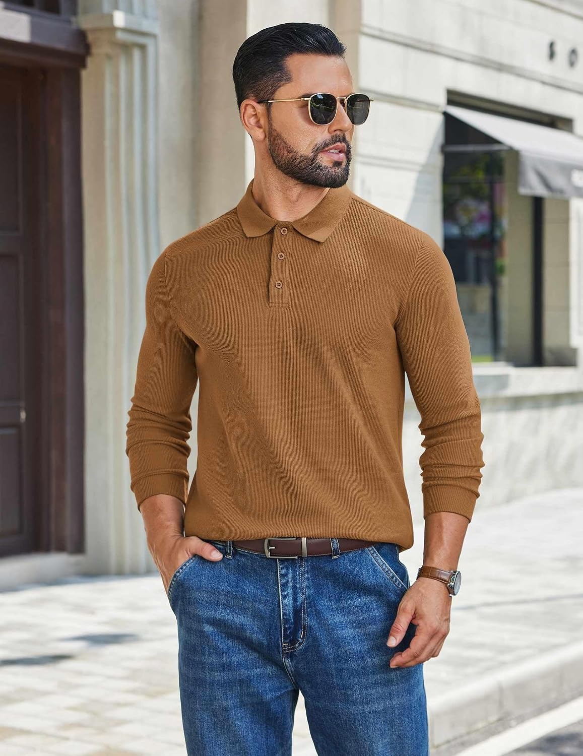 image:imageCOOFANDY Mens Waffle Knit Polo Shirts Casual Long Sleeve Polo ShirtLight Brown
