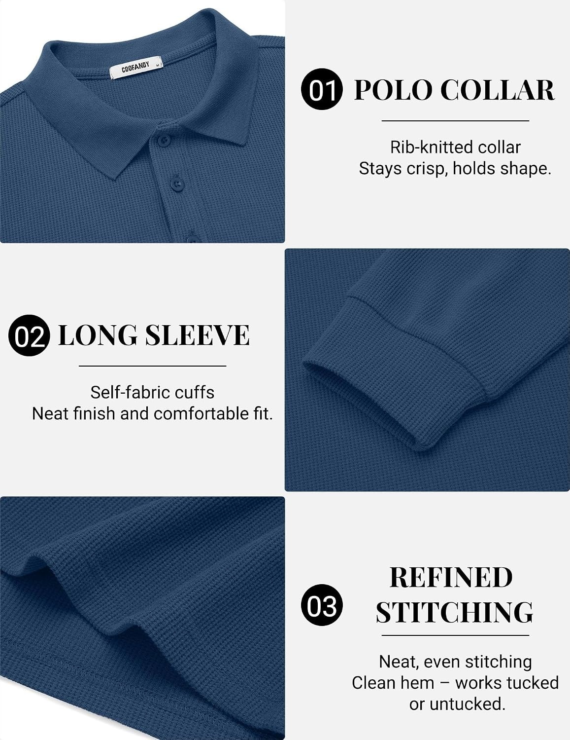 image:imageCOOFANDY Mens Waffle Knit Polo Shirts Casual Long Sleeve Polo ShirtNavy Blue