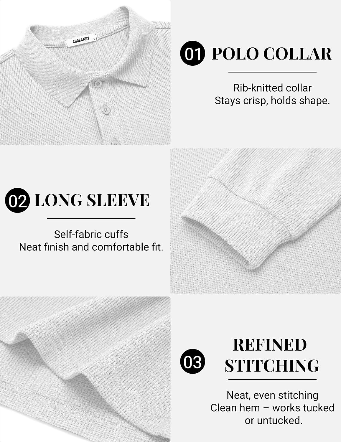 image:imageCOOFANDY Mens Waffle Knit Polo Shirts Casual Long Sleeve Polo ShirtWhite