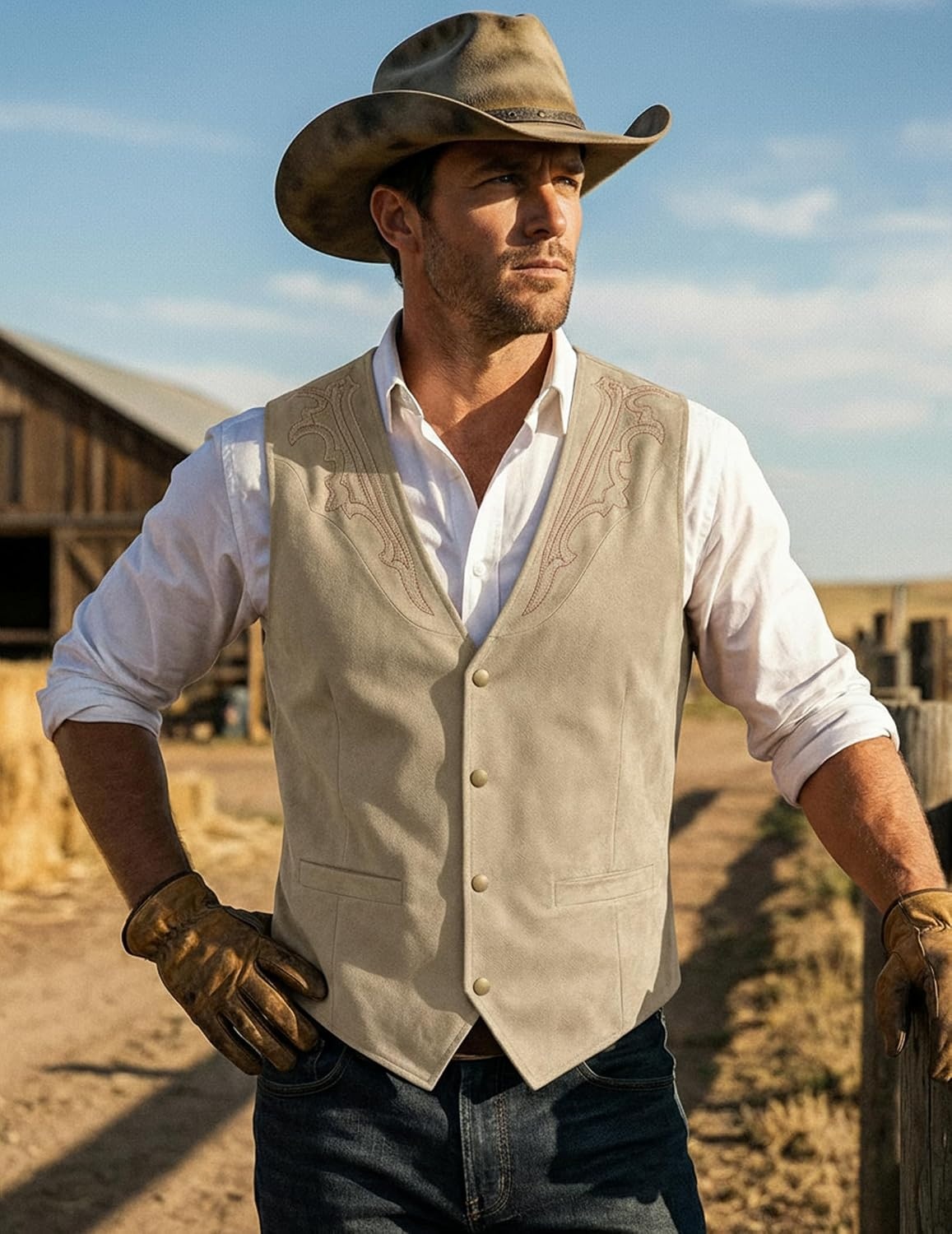 image:imageCOOFANDY Mens Western Vest Suede Cowboy Vest Casual Slim Fit WaistcoatBeige With Pattern
