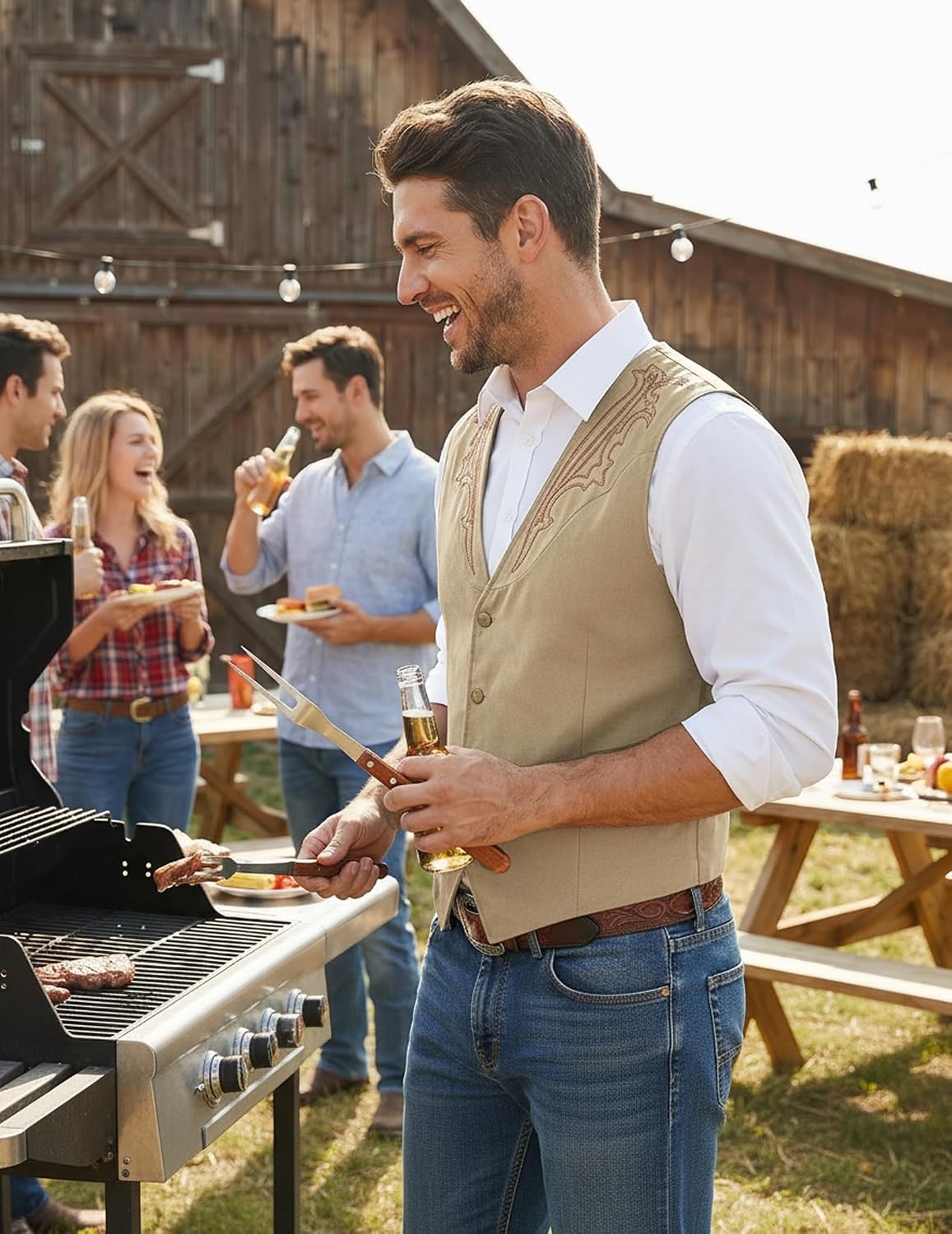 image:imageCOOFANDY Mens Western Vest Suede Cowboy Vest Casual Slim Fit WaistcoatBeige With Pattern