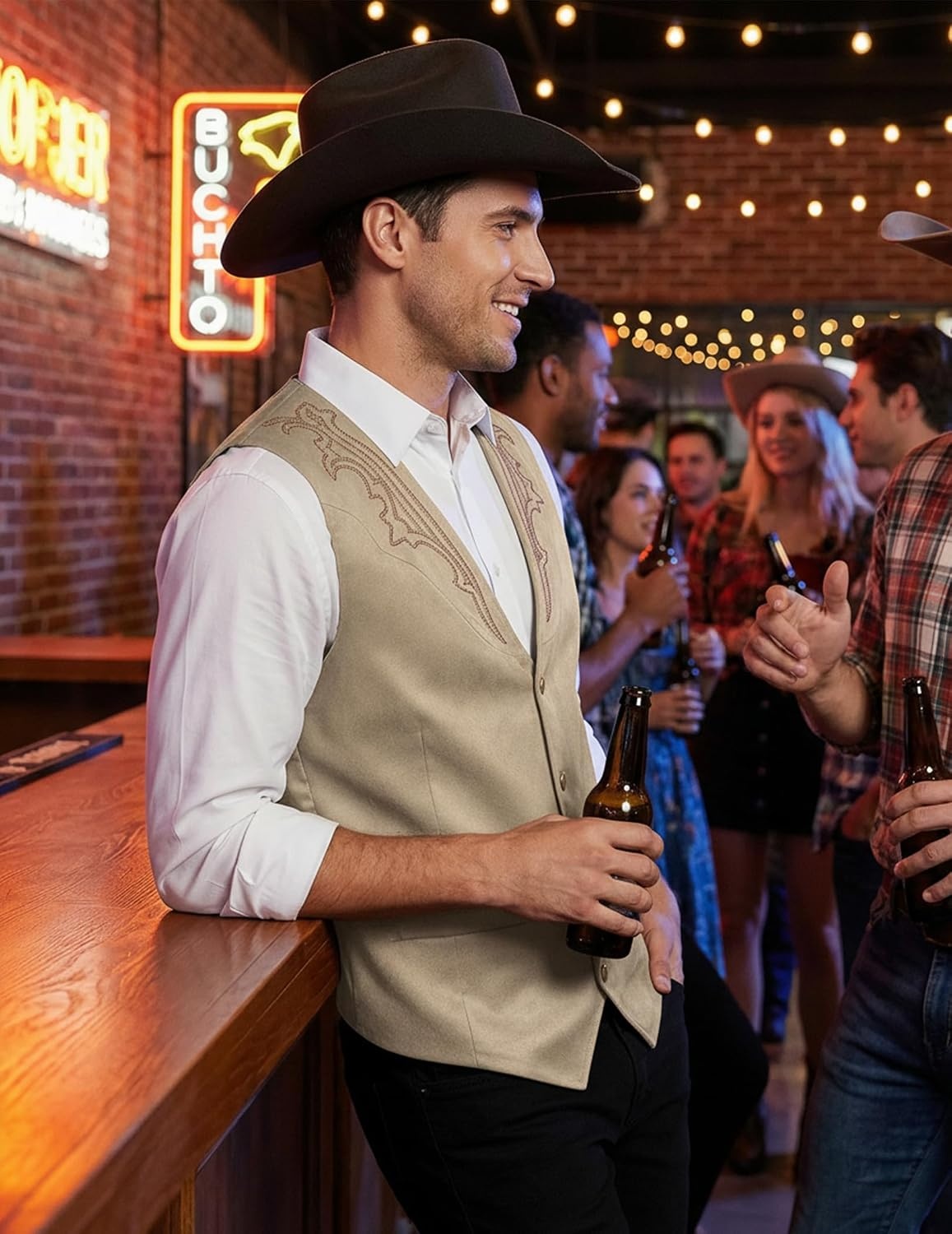 image:imageCOOFANDY Mens Western Vest Suede Cowboy Vest Casual Slim Fit WaistcoatBeige With Pattern