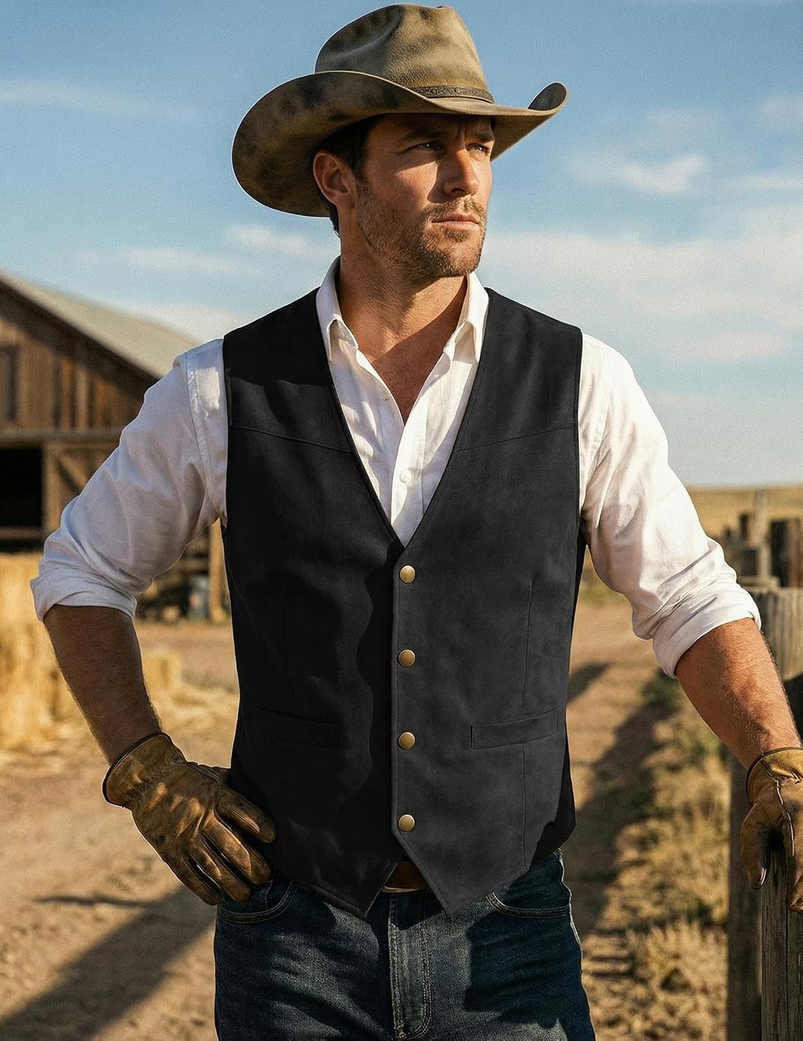 image:imageCOOFANDY Mens Western Vest Suede Cowboy Vest Casual Slim Fit WaistcoatBlack