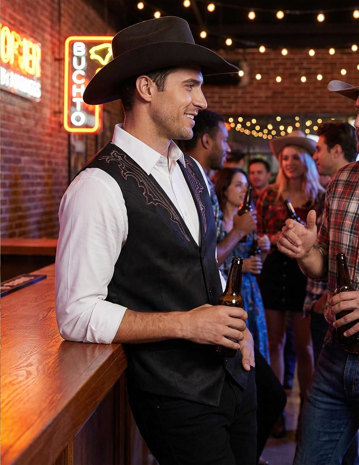 image:imageCOOFANDY Mens Western Vest Suede Cowboy Vest Casual Slim Fit WaistcoatBlack With Pattern