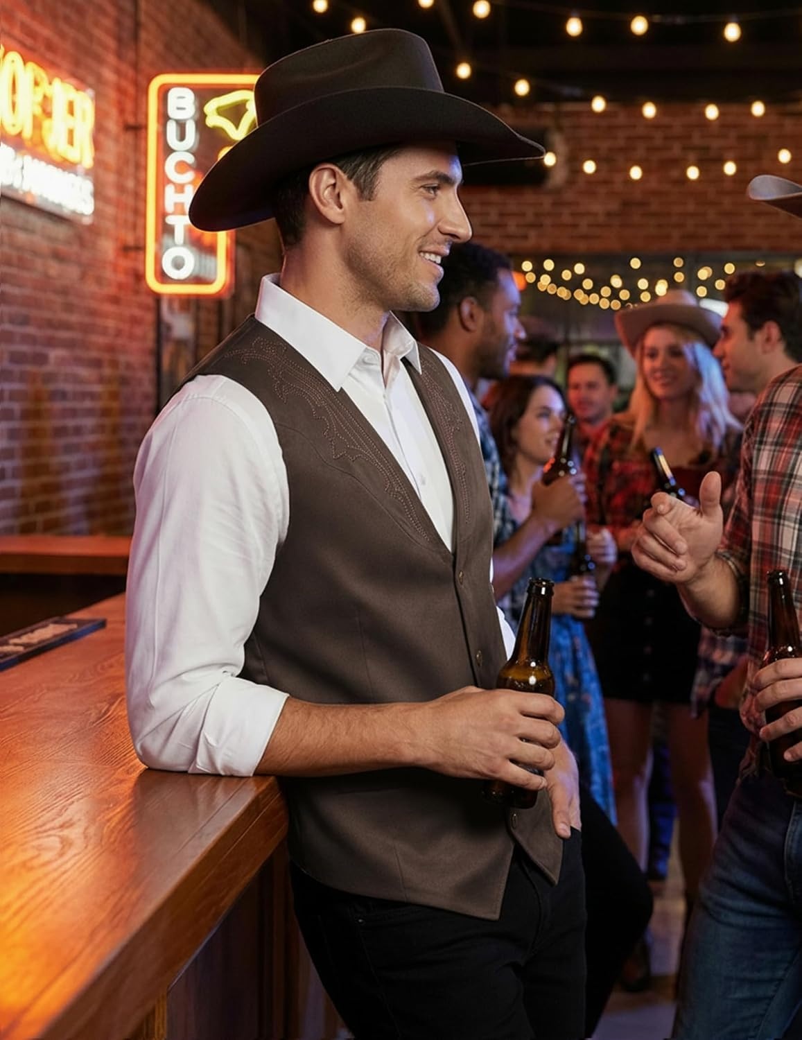 image:imageCOOFANDY Mens Western Vest Suede Cowboy Vest Casual Slim Fit WaistcoatCoffee With Pattern